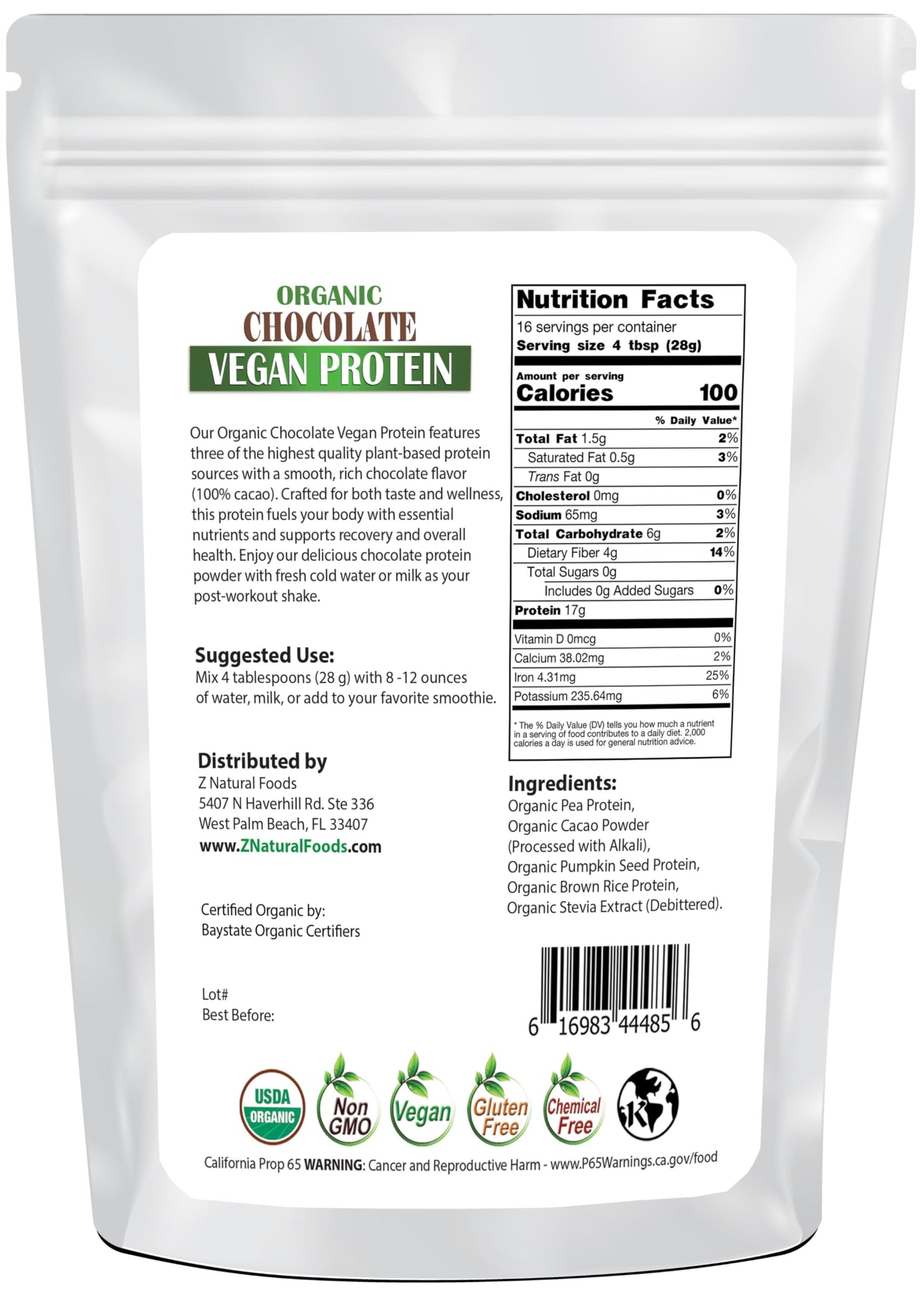 Z Natural Foods Organic Chocolate Vegan Protein Powder, 16 Servings