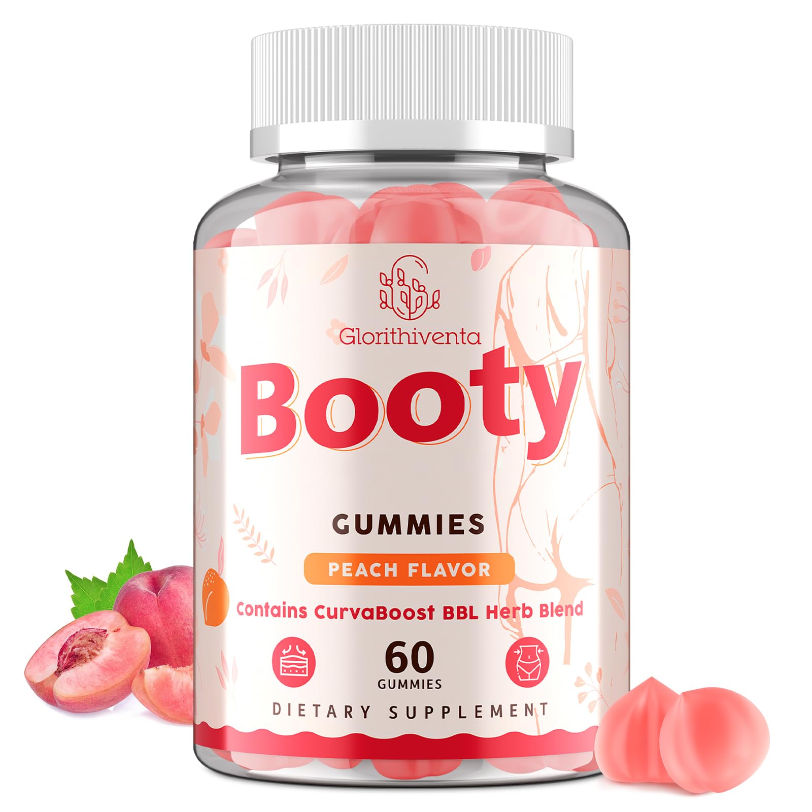 Glorithiventa Booty Gummies for Women with Creatine Monohydrate, Milk Thistle, Vitamin D3 & Herbal Blend, Peach Flavor, 60 Gummies