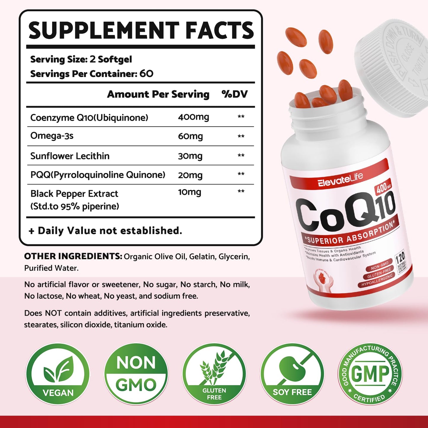 ElevateLife CoQ10-400mg Softgels with PQQ, BioPerine & Omega-3, Coenzyme Q10 (Ubiquinone) Supplement for High-Absorption, Powerful Antioxidant, Heart & Energy Support, 120 Softgels
