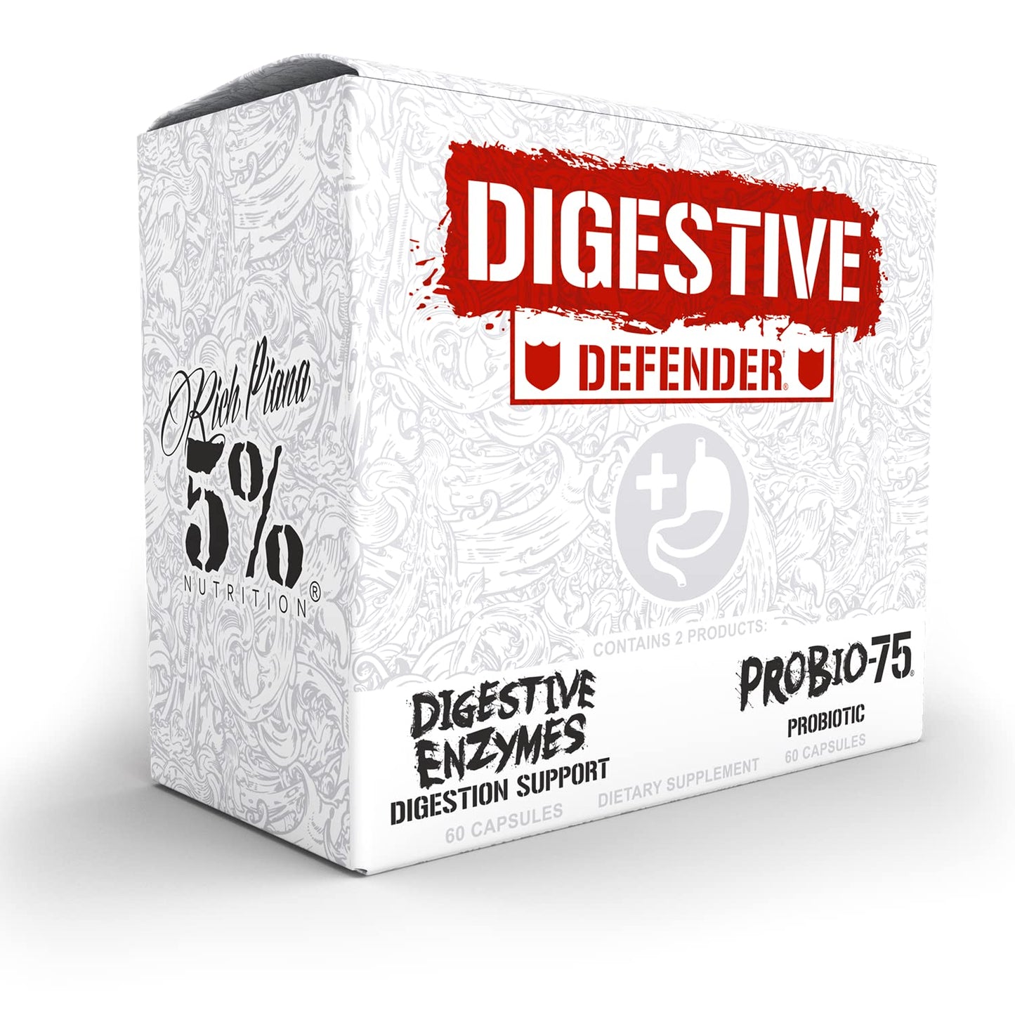 5% Nutrition Rich Piana Digestive Defender 2-in-1 Box with Probio-75 Probiotic + Prebiotic & Diges-Ten Digestive Enzyme Formula, 30 Capsules