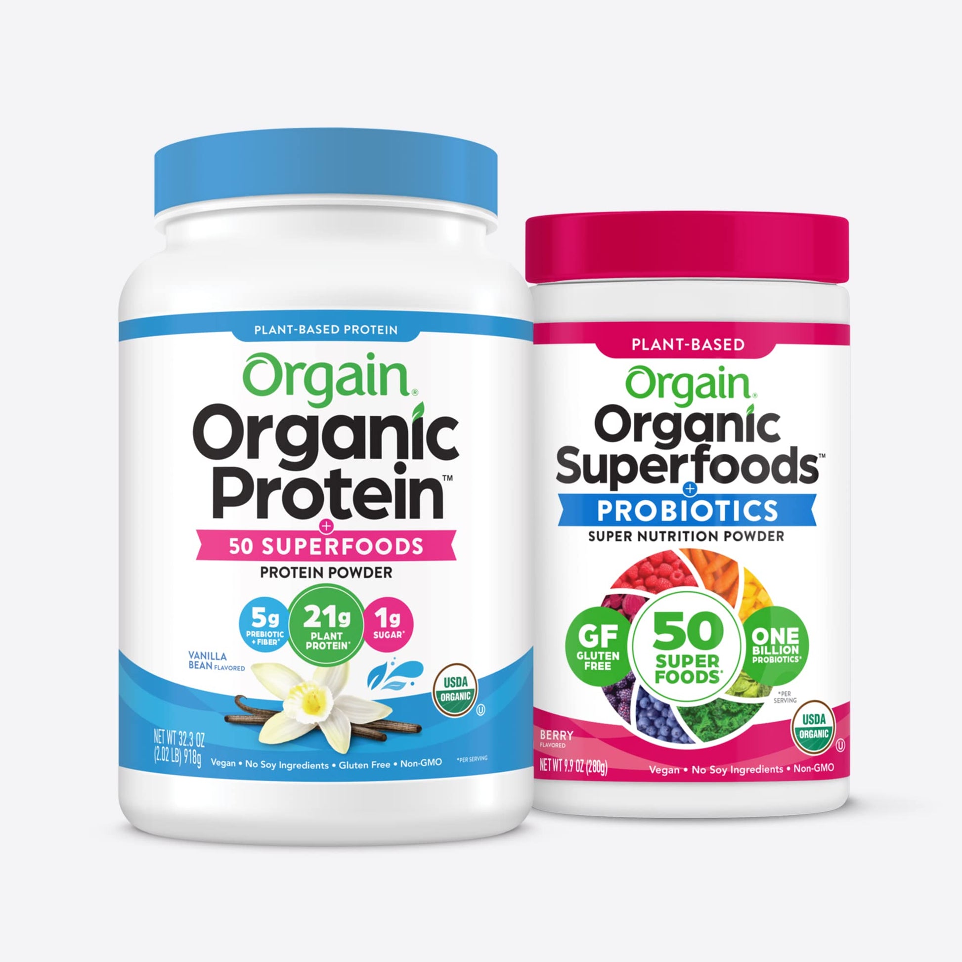 Orgain Organic Protein + Superfoods Powder (Vanilla Bean) and Orgain Organic Greens Powder + 50 Superfoods (Berry), 2-Piece Assortment