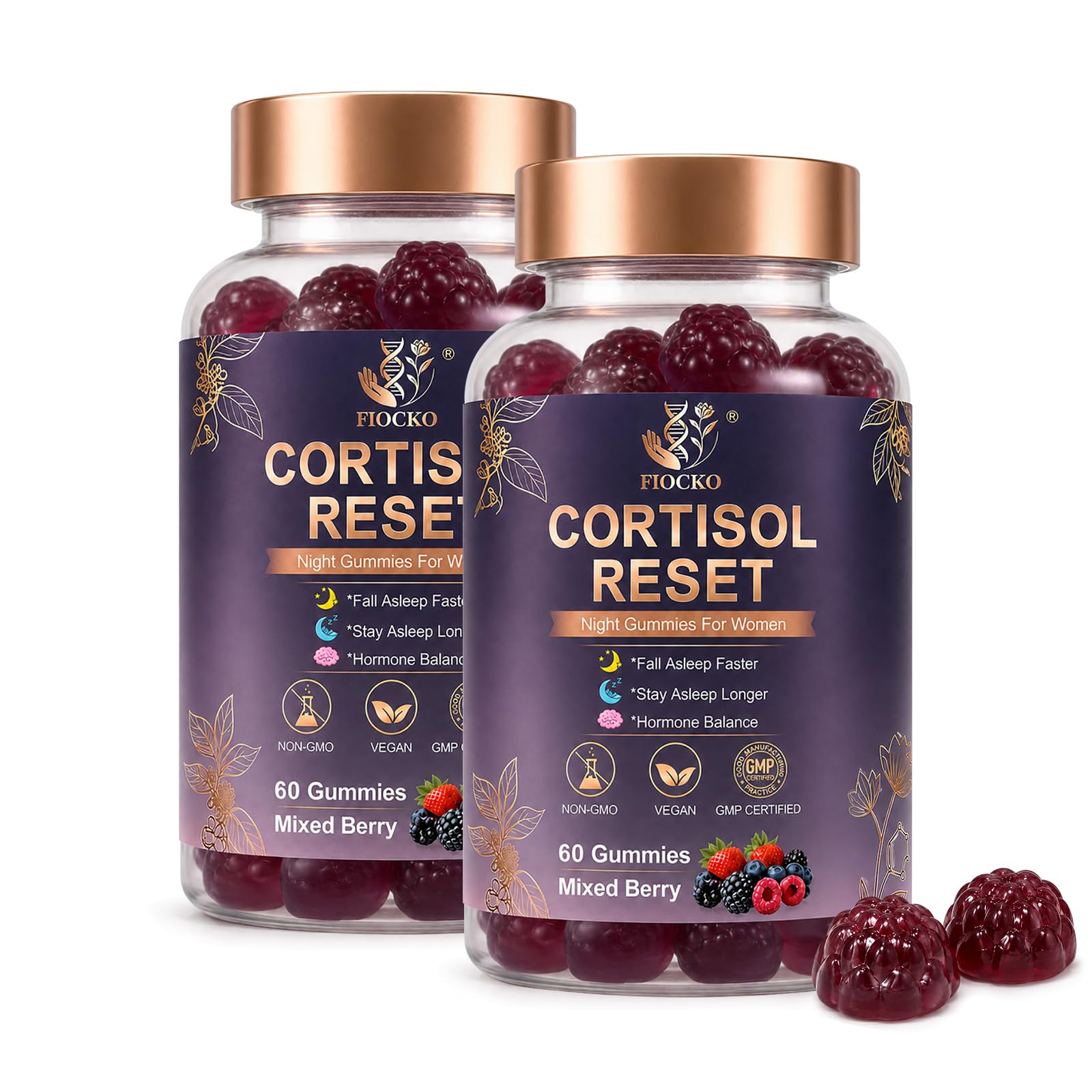 fiocko Cortisol Gummies for Women with Ashwagandha, Stress Relief & Sleep Support, Magnesium, L-Theanine, GABA, Maca Root, Vitamin, Vegan, Mixed Berry, 120 Count