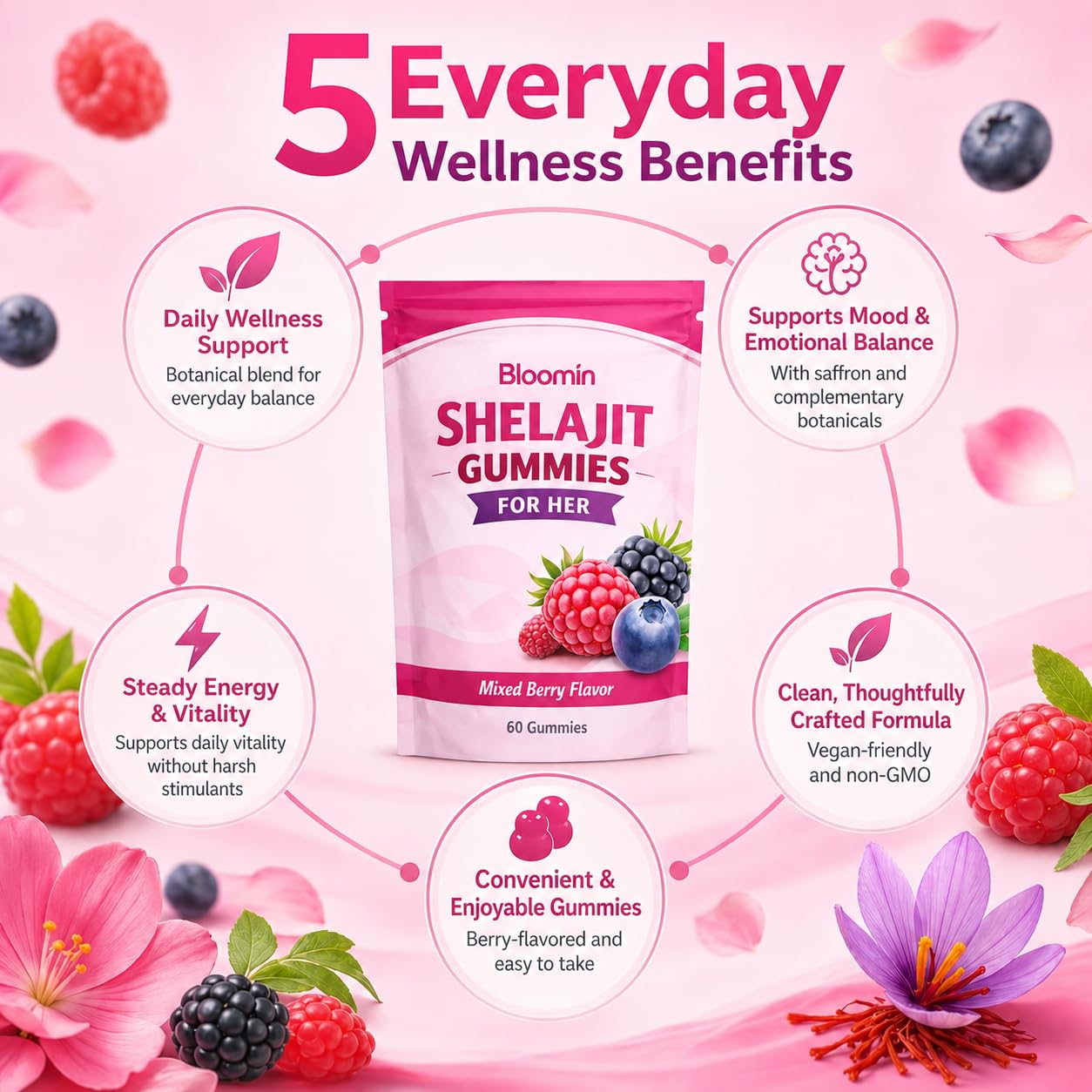 Velura Bloomin Shilajit for Women – Daily Mood, Energy & Vitality Support – Berry Flavor, 30 Gummies