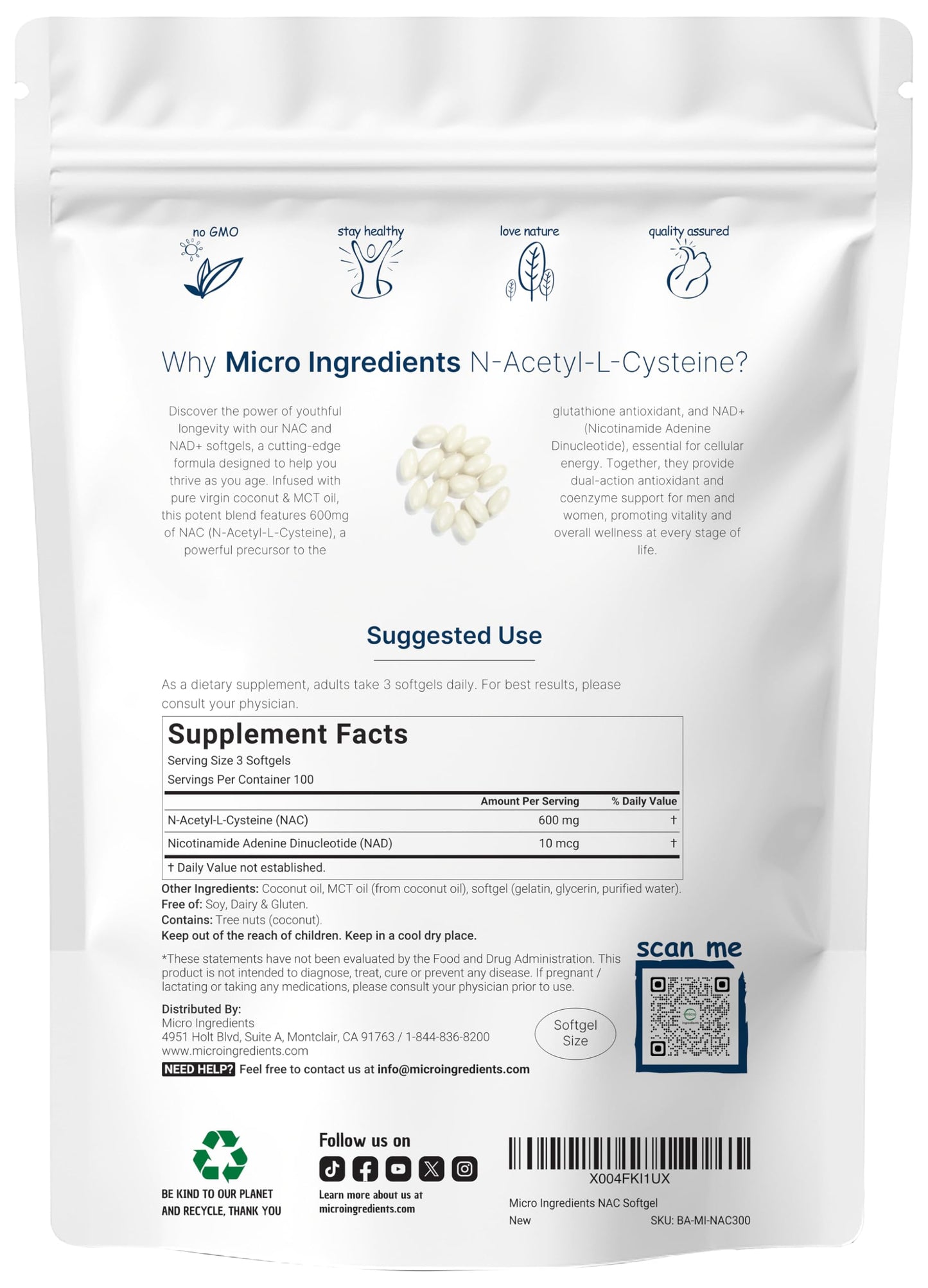 Micro Ingredients NAC 600mg with NAD+ Softgels, 300 Count