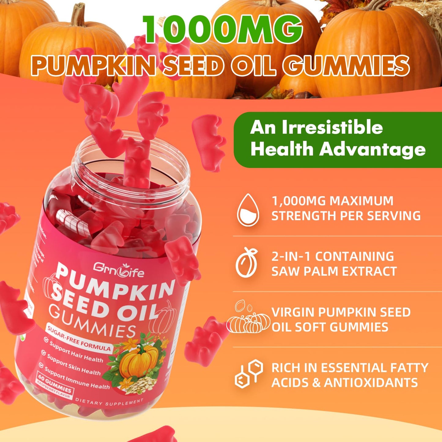 GrnLife Pumpkin Seed Oil Gummies with Saw Palmetto, 60 Gummies