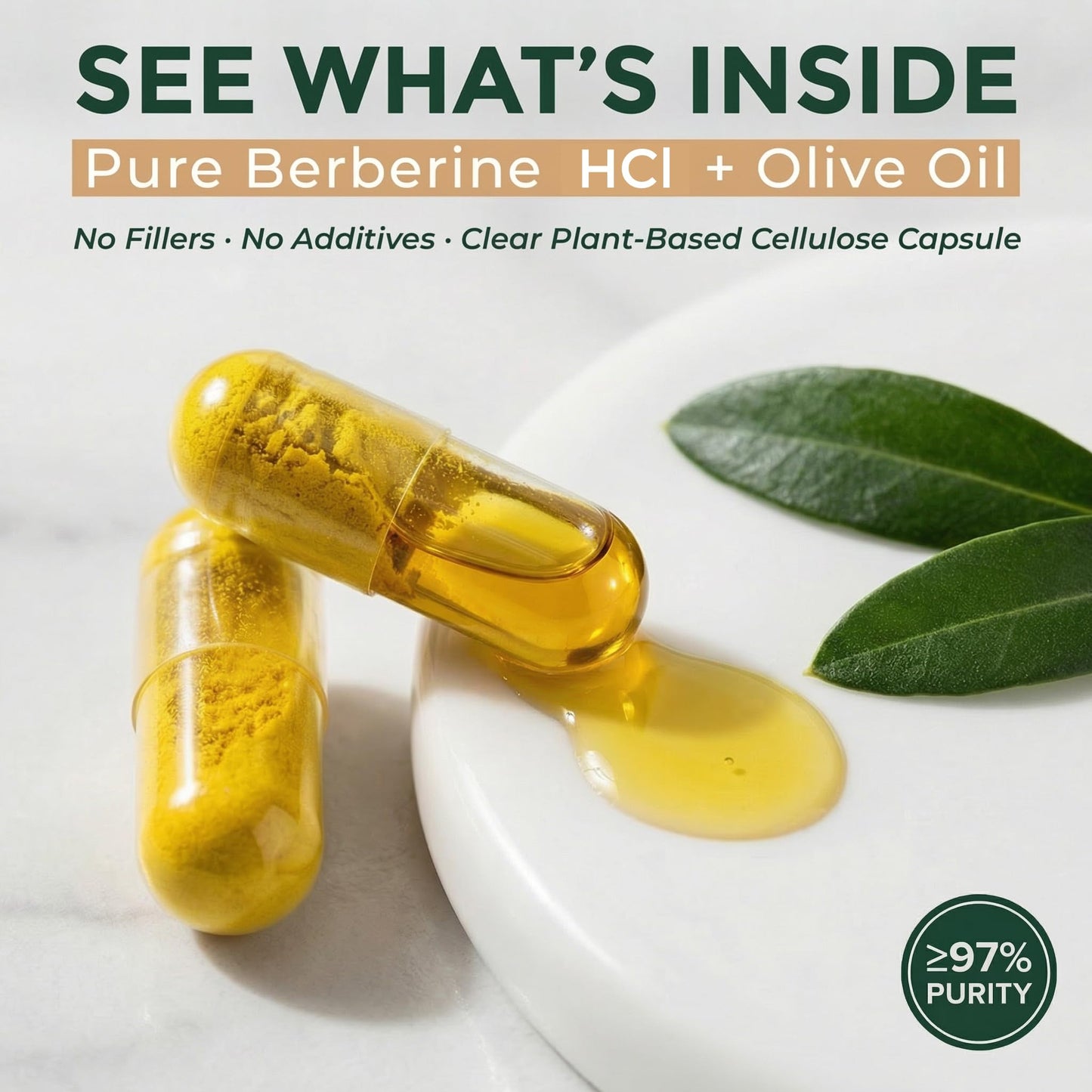 True Adaptogens Berberine HCl 800mg – 97% Pure Dual Extract with Olive Oil for Absorption – Berberina Herbal Clean Formula Capsule 60 Count