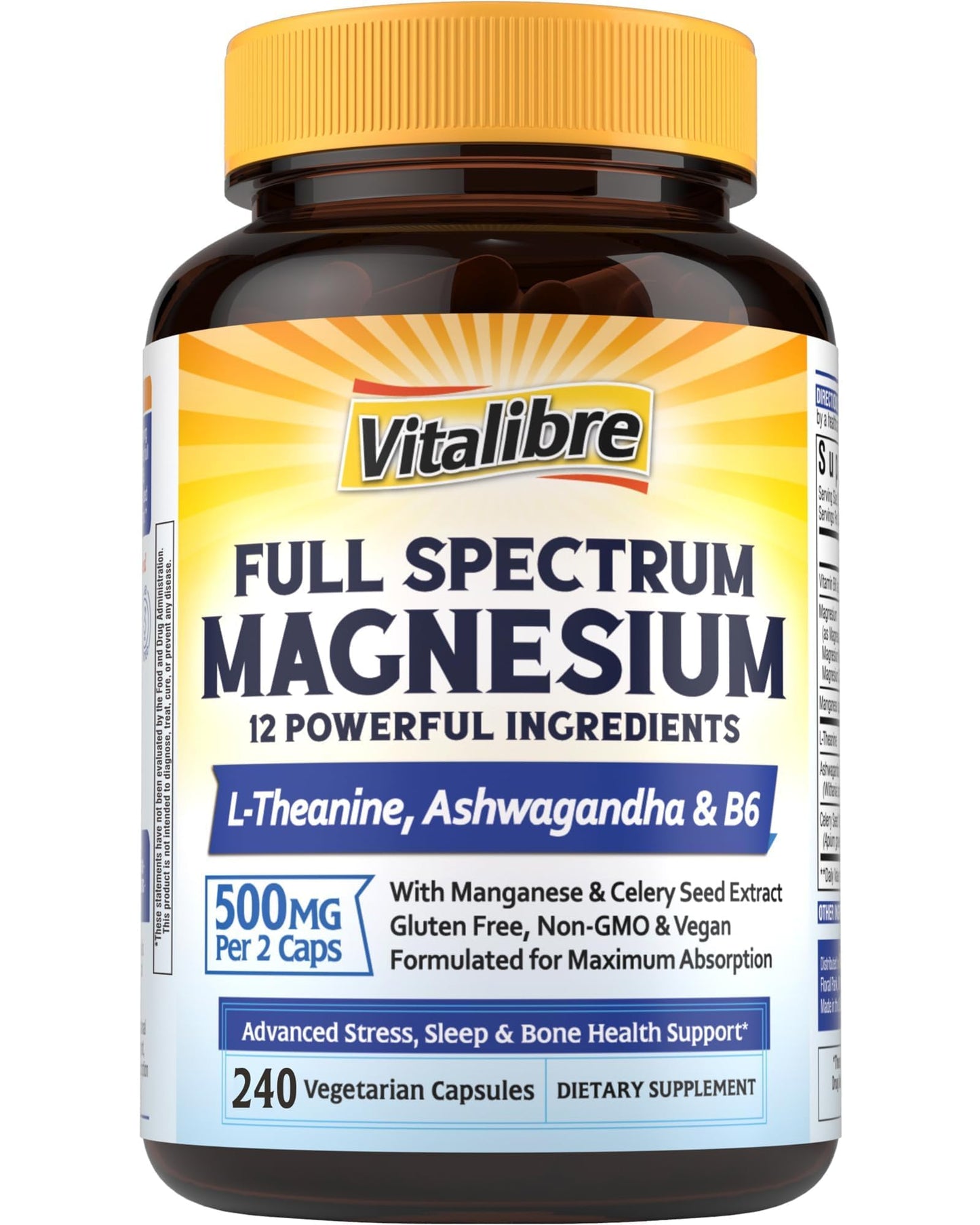 Vitalibre Magnesium Complex Supplement 500mg + Ashwagandha, L-Theanine, Vitamin B6 & Celery, High Absorption Magnesium Glycinate, Citrate, Malate, Sleep & Bone Support, 240 Capsules