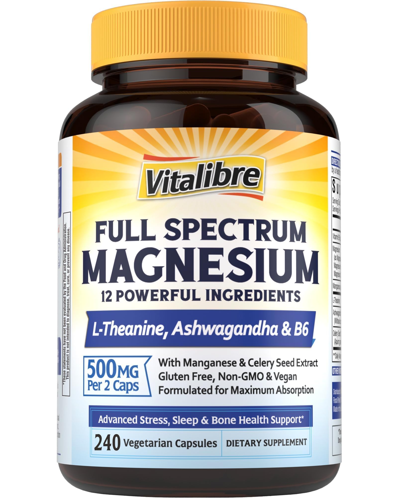 Vitalibre Magnesium Complex Supplement 500mg + Ashwagandha, L-Theanine, Vitamin B6 & Celery, High Absorption Magnesium Glycinate, Citrate, Malate, Sleep & Bone Support, 240 Capsules