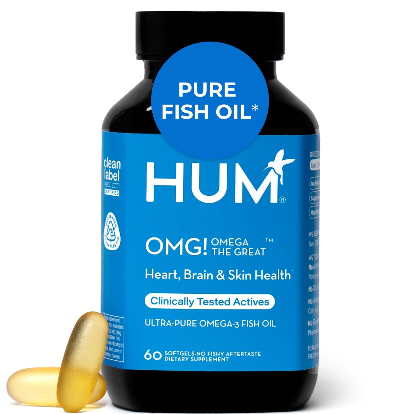 HUM OMG! Omega The Great Fish Oil, DHA, EPA & Vitamin E Softgels, 60 Count