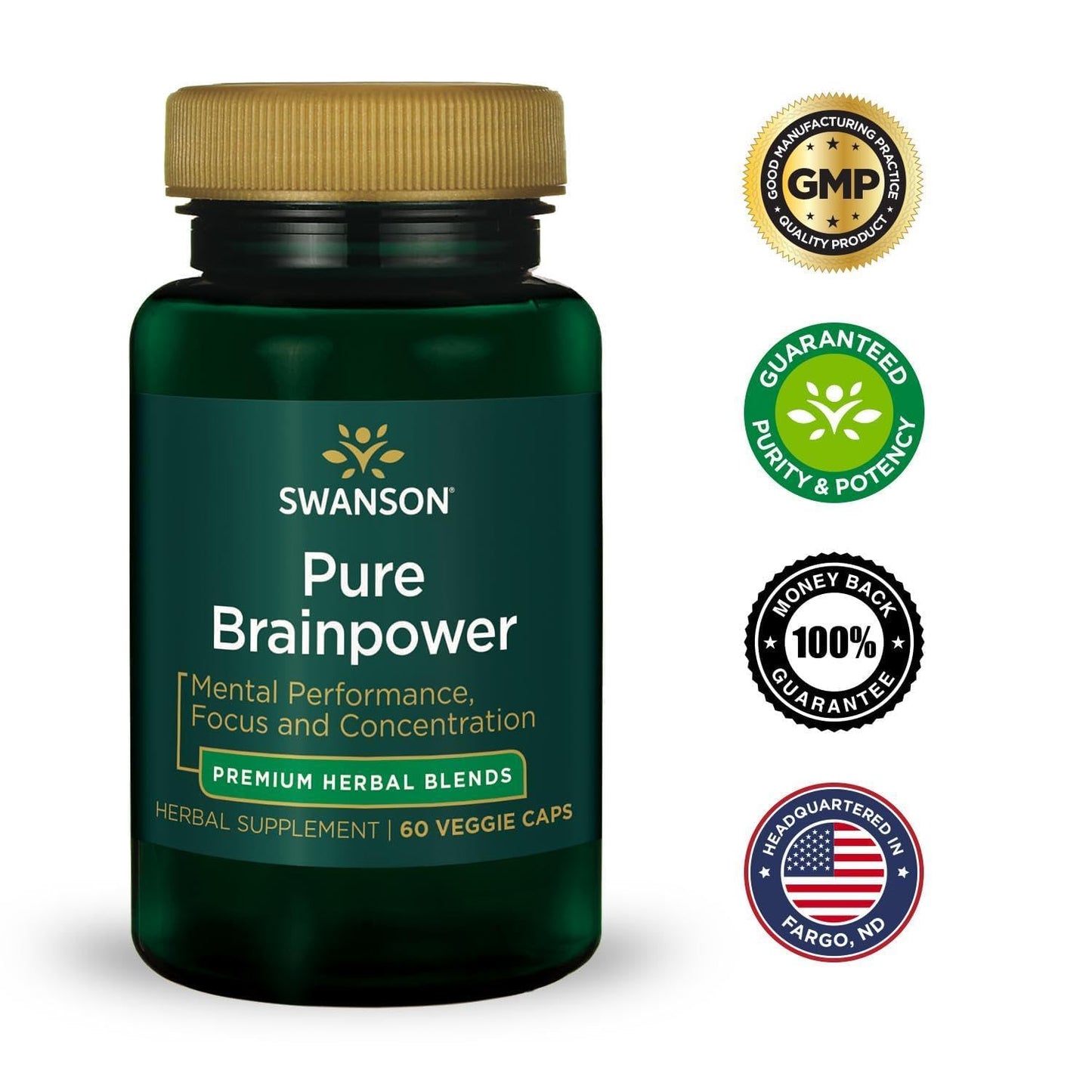 Swanson Pure Brainpower Brain Health Cognitive Memory Focus Support Brain-Derived Neurotrophic Factor (BDNF) Herbal Supplement (Ginkgo Biloba, Bacopa Monnieri) 60 Veggie Capsules
