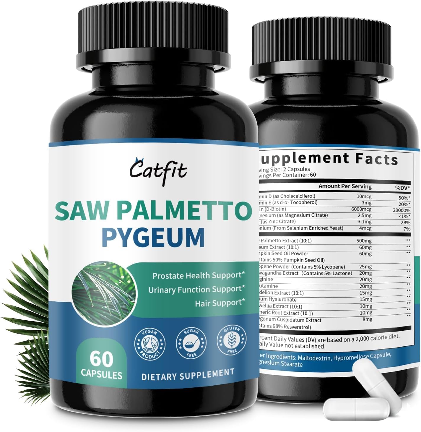 Catfit Saw Palmetto for Men Prostate Health DHT Blocker with Pumpkin Seed Oil, Pygeum Urinary Health and Hair Support Capsule 60 Count