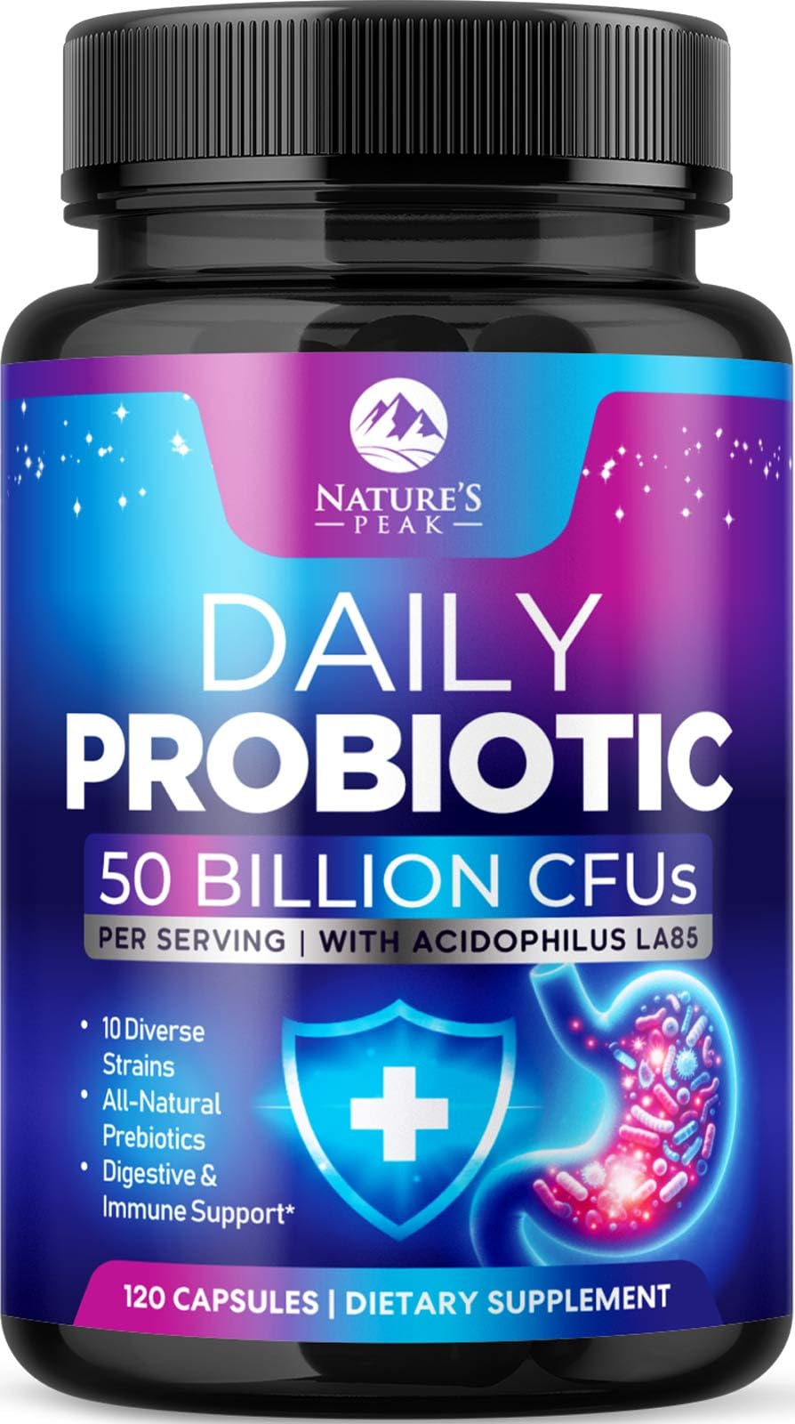 Nature's Peak Probiotics 50 Billion CFU per Capsule, 10 Premium Strains + Digestive Enzymes & Prebiotics, 120 Capsules
