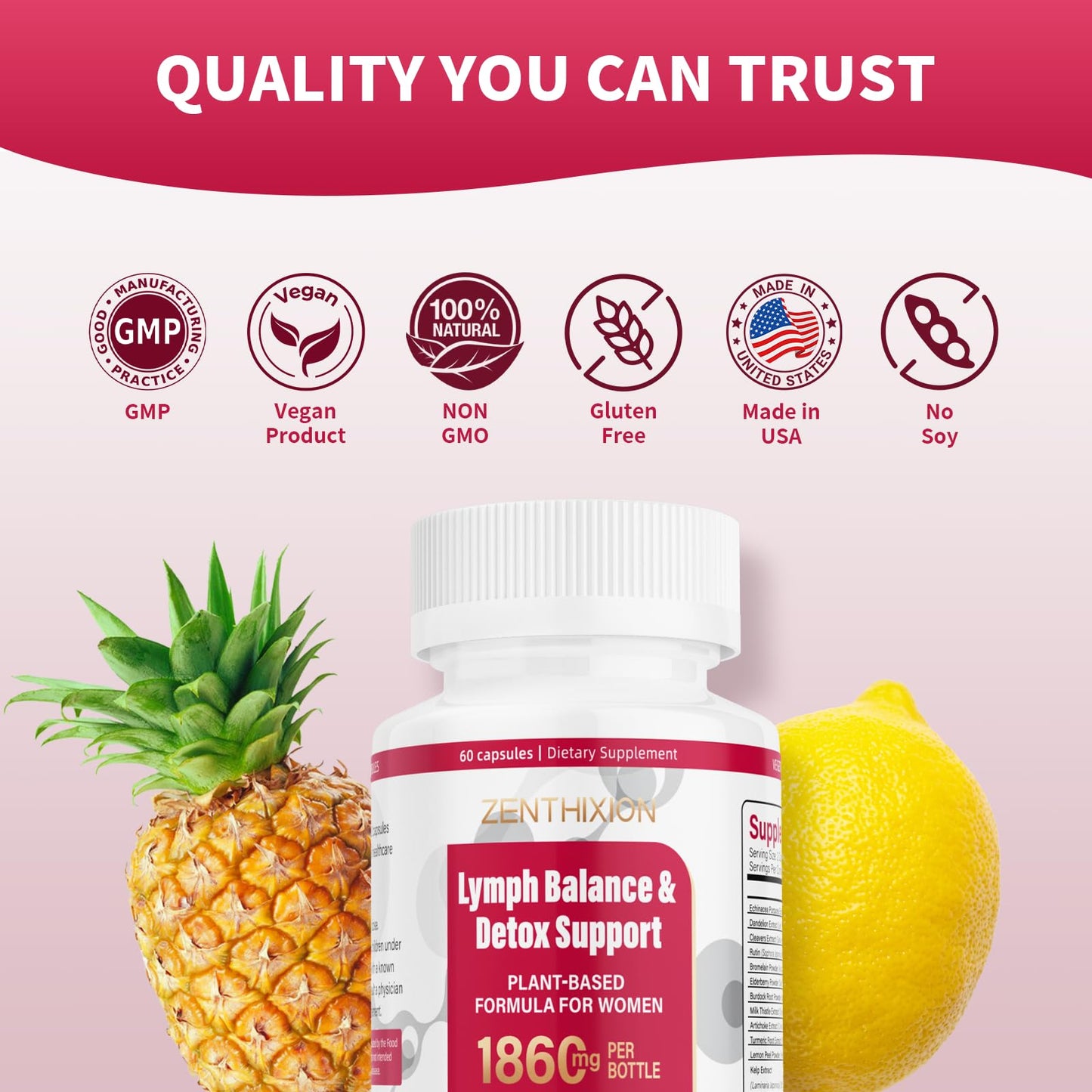 Zenthixion Lymphatic Drainage Supplements 1860mg Lymph System Support Supplement for Women with Dandelion, Burdock, Echinacea, Rutin, Turmeric, Cleavers, Bromelain & More 60 Capsules