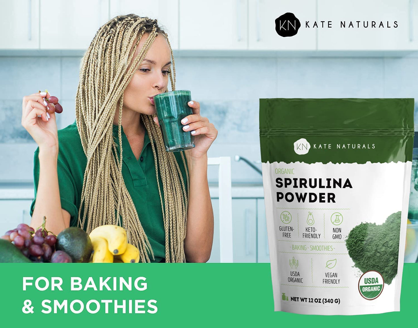 Kate Naturals Organic Spirulina Powder, 12 Ounce
