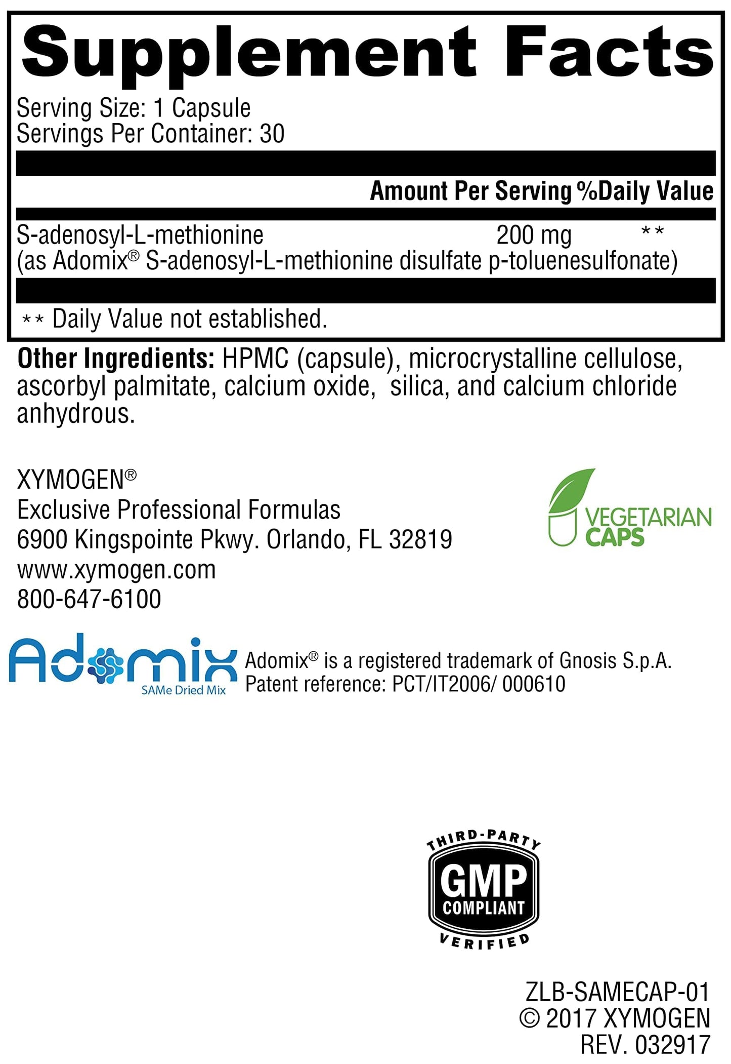 XYMOGEN SAM-e S-Adenosyl-L-Methionine Supplement for Methylation & Cell Health Support - Gnosis’ Adomix SS Isomer 30 Capsules