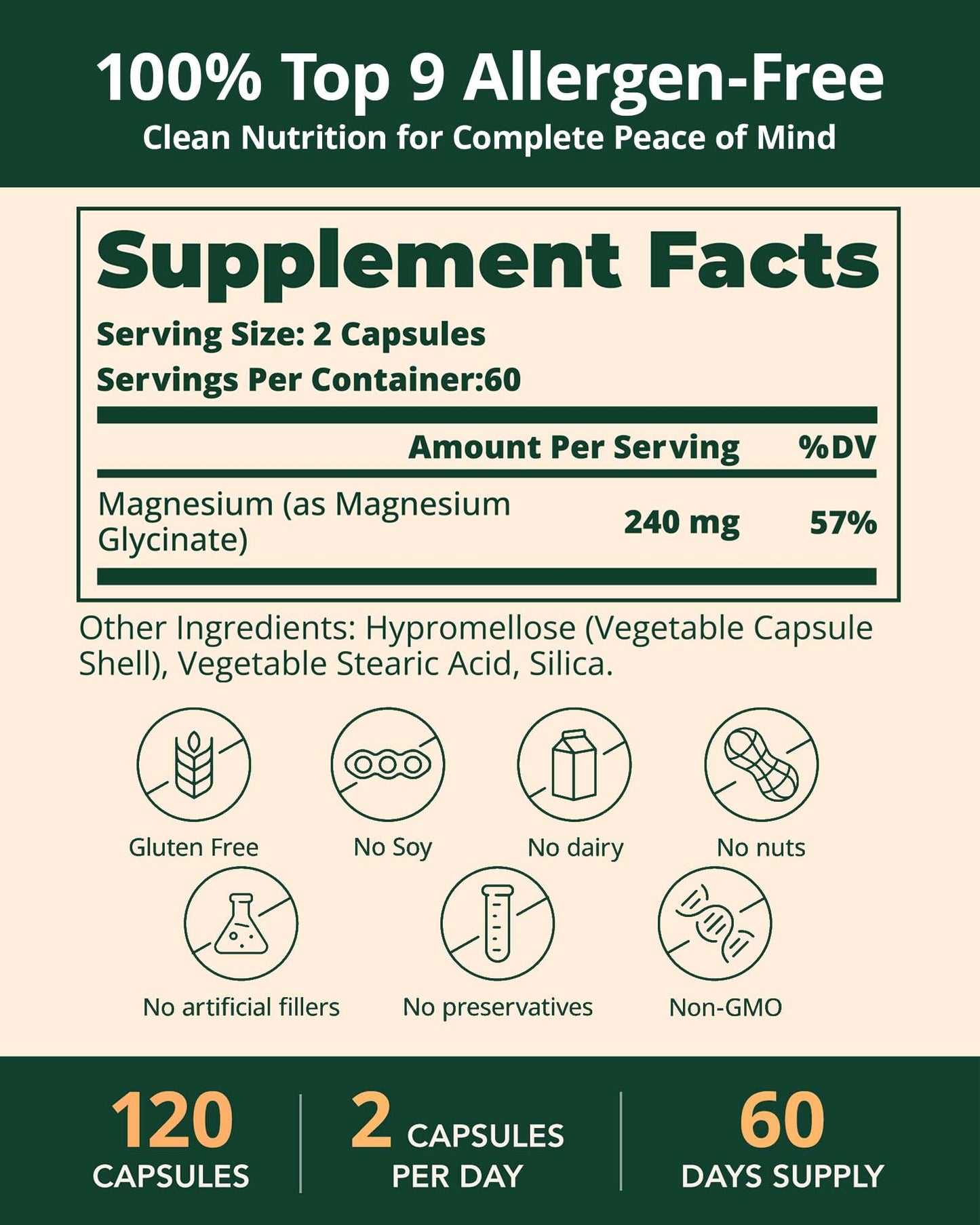 BienRaíz Magnesium Glycinate Supplement 240mg Elemental Capsules, 120 Count