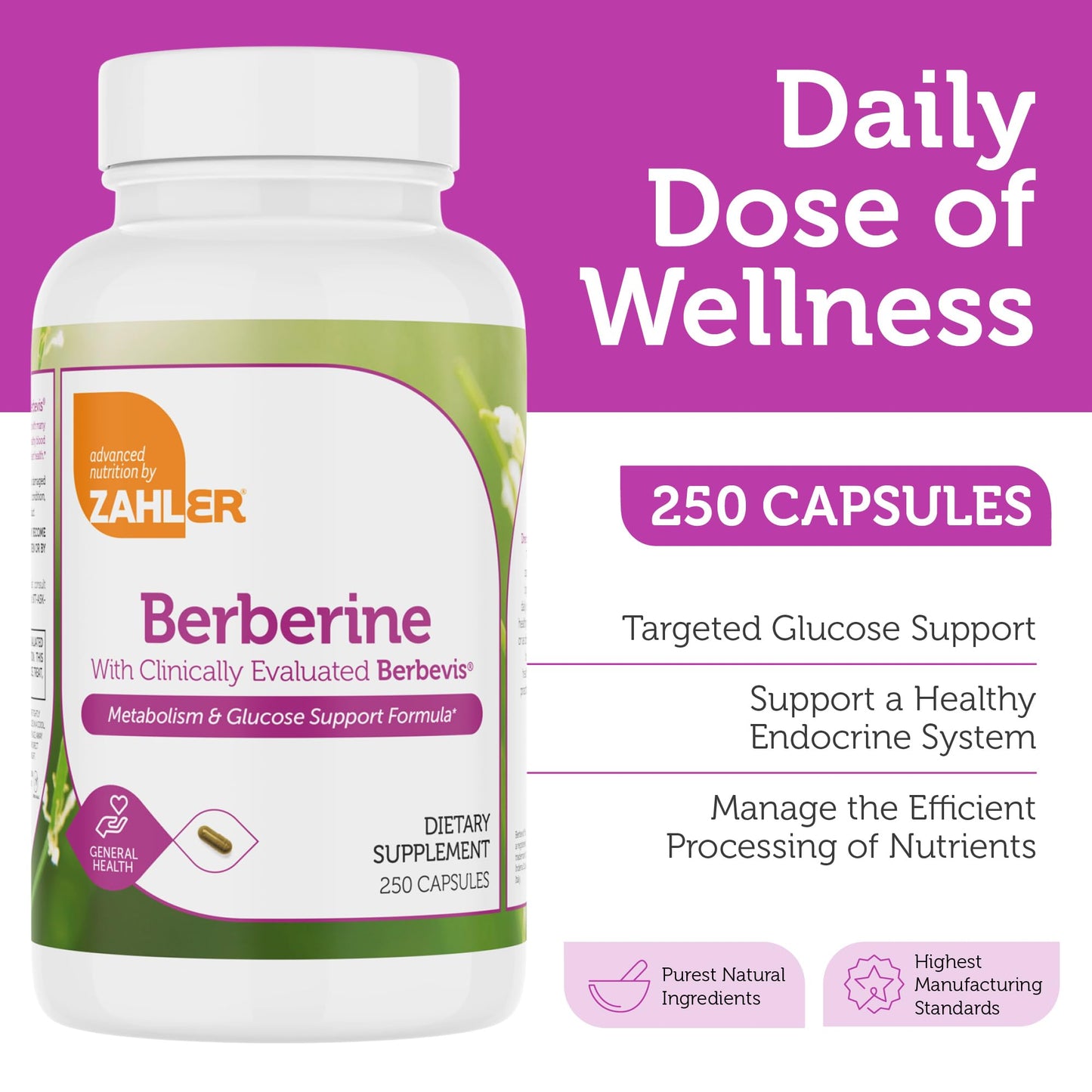 Zahler Berberine with Clinically Evaluated Berbevis, Metabolism and Glucos Support Formula, 250 Capsules