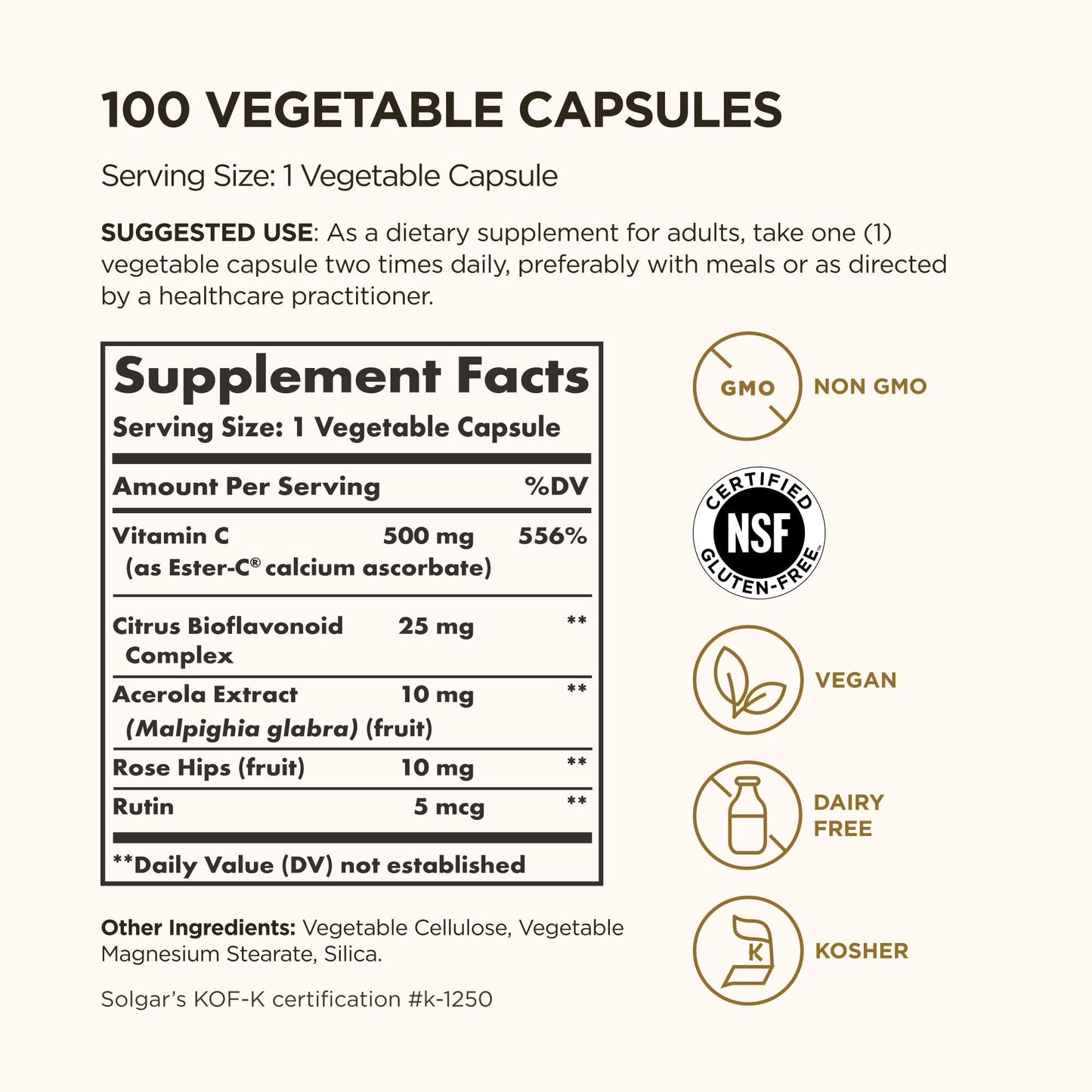 Solgar Ester-C Plus 500 mg Vitamin C (Ascorbate Complex) Capsules, 100 Capsules