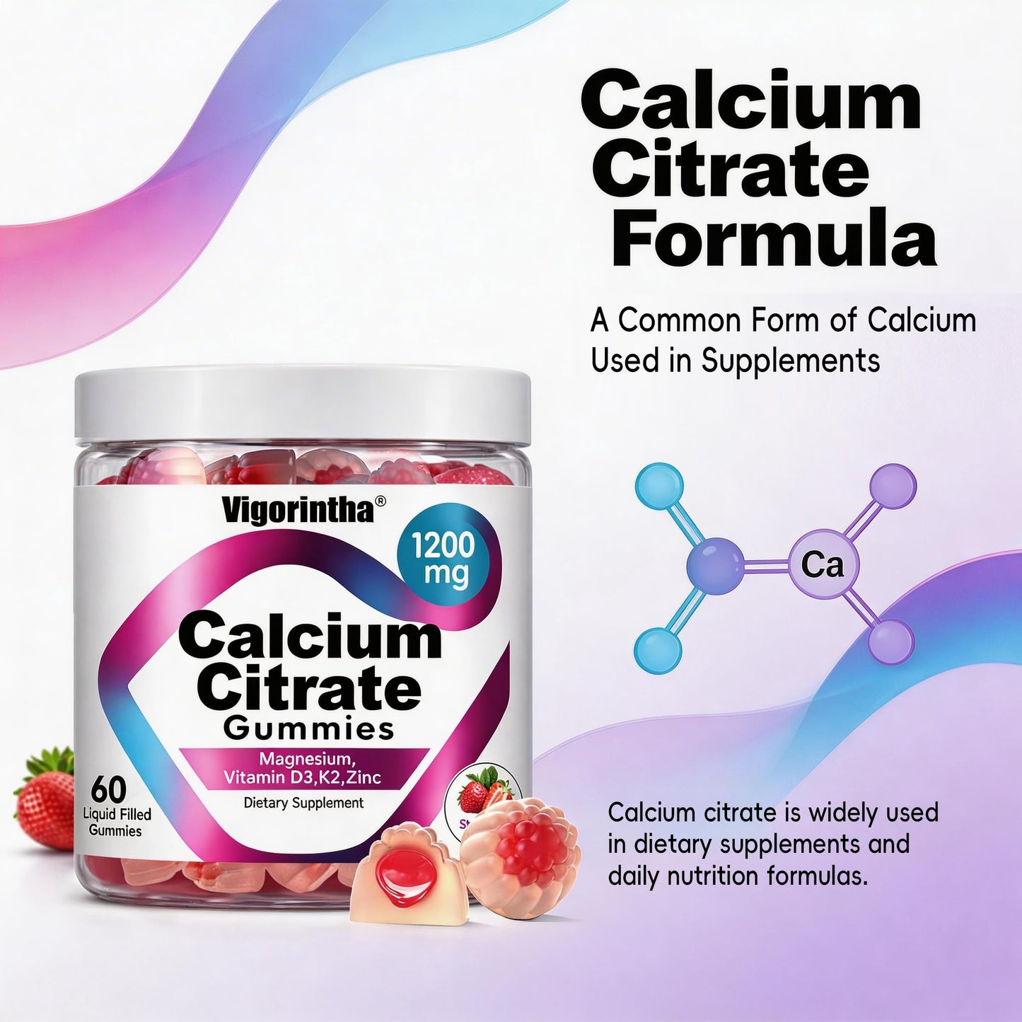 Vigorintha Calcium Citrate Gummies 1200mg with Magnesium, Vitamin D3, K2, Strawberry Flavor, 120 Gummies