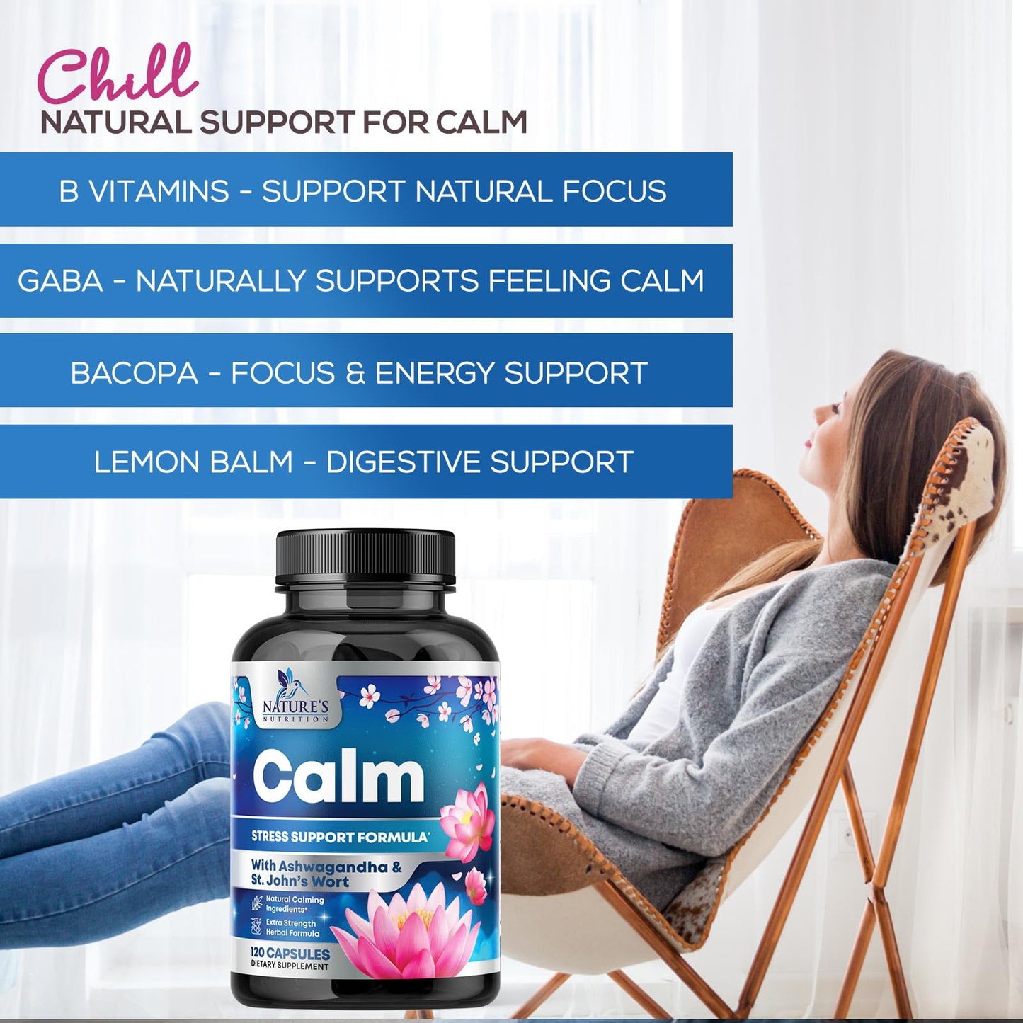 Nature's Nutrition Stress Support Supplement Extra Strength Ashwagandha, GABA, Magnesium, L-Theanine for Relief - Supports Mood & Focus - Naturally Calm, Unwind & Relax - Eases Tension & Nervousness 120 Capsules