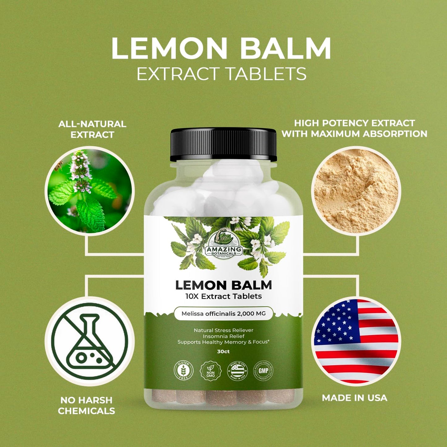 Amazing Botanicals Lemon Balm 10X Extract Tablets 200 mg per Serving Melissa Officinalis, Supports Calm and Relaxation, 30 Tablets