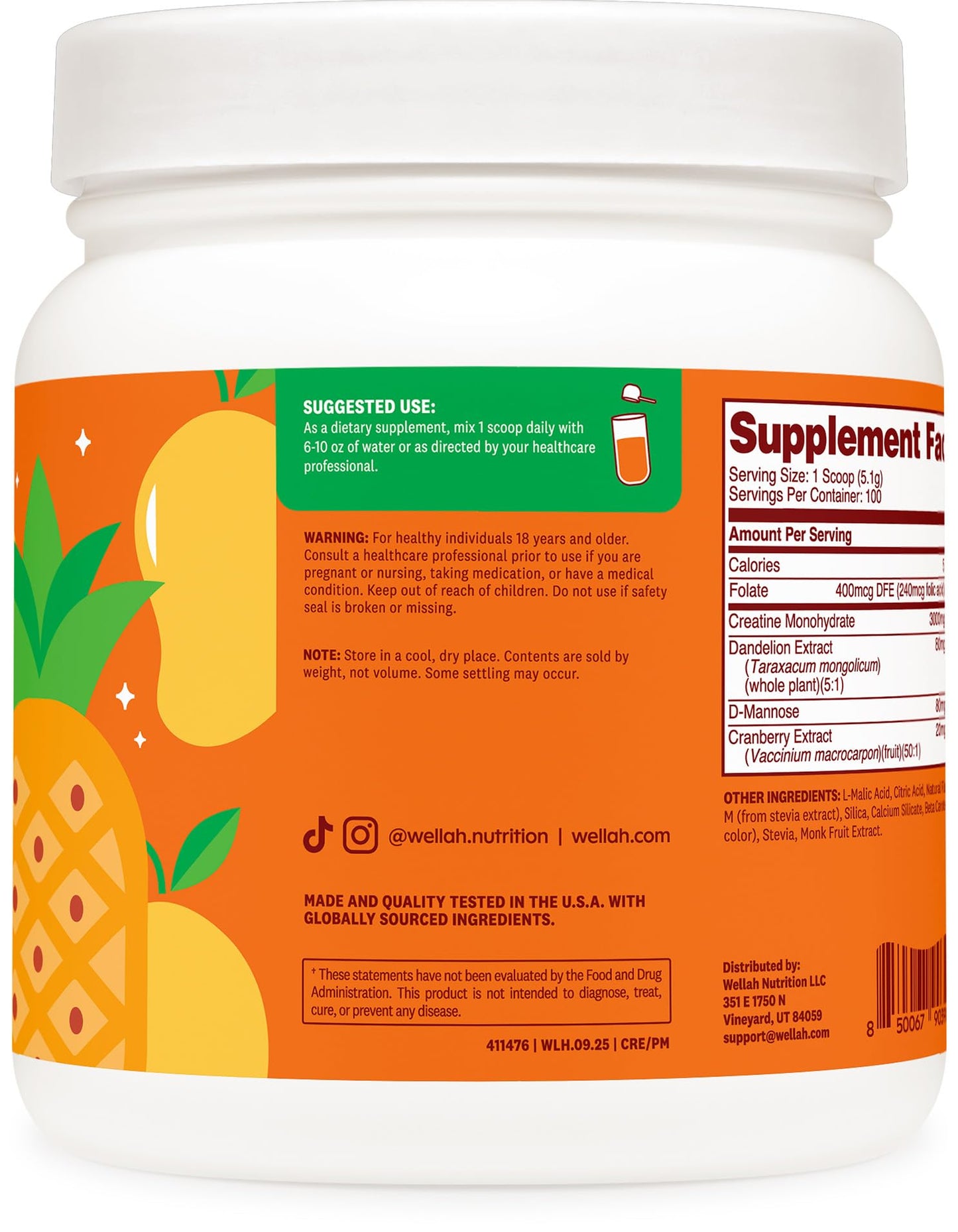 Wellah Creatine for Women - Creatine Monohydrate with Dandelion & Cranberry Extract Powder 18.6