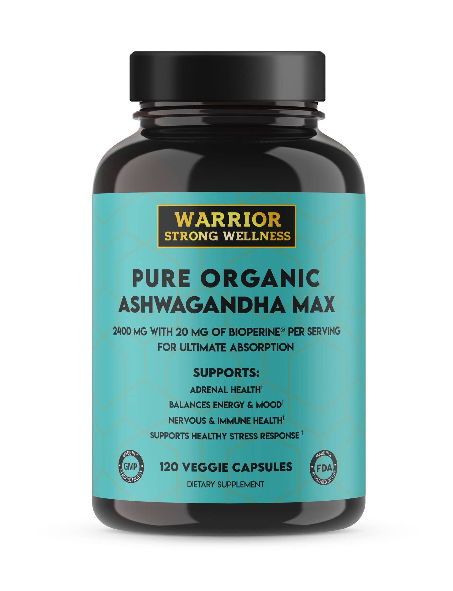 Warrior Strong Wellness Pure Organic Ashwagandha with Bioperine, 120 Capsules