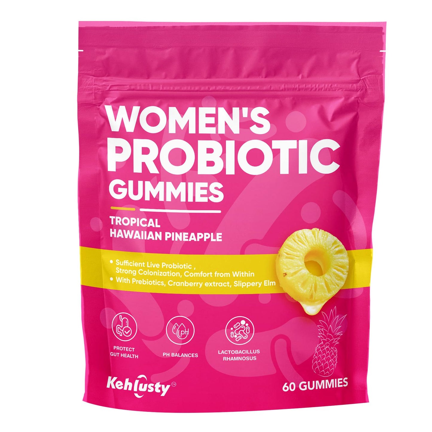 KEHLUSTY Feminine Probiotic Gummies for Women, Pineapple, 60 Gummies