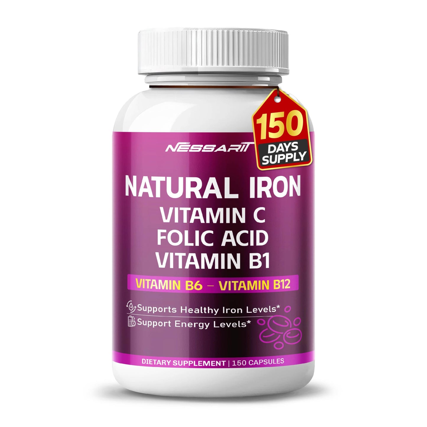 NESSARIT Natural Iron High Potency with Vitamin C, Folic Acid - High-Absorption Formula with Vitamin B1, B6, B12 - Capsule, 150 Count