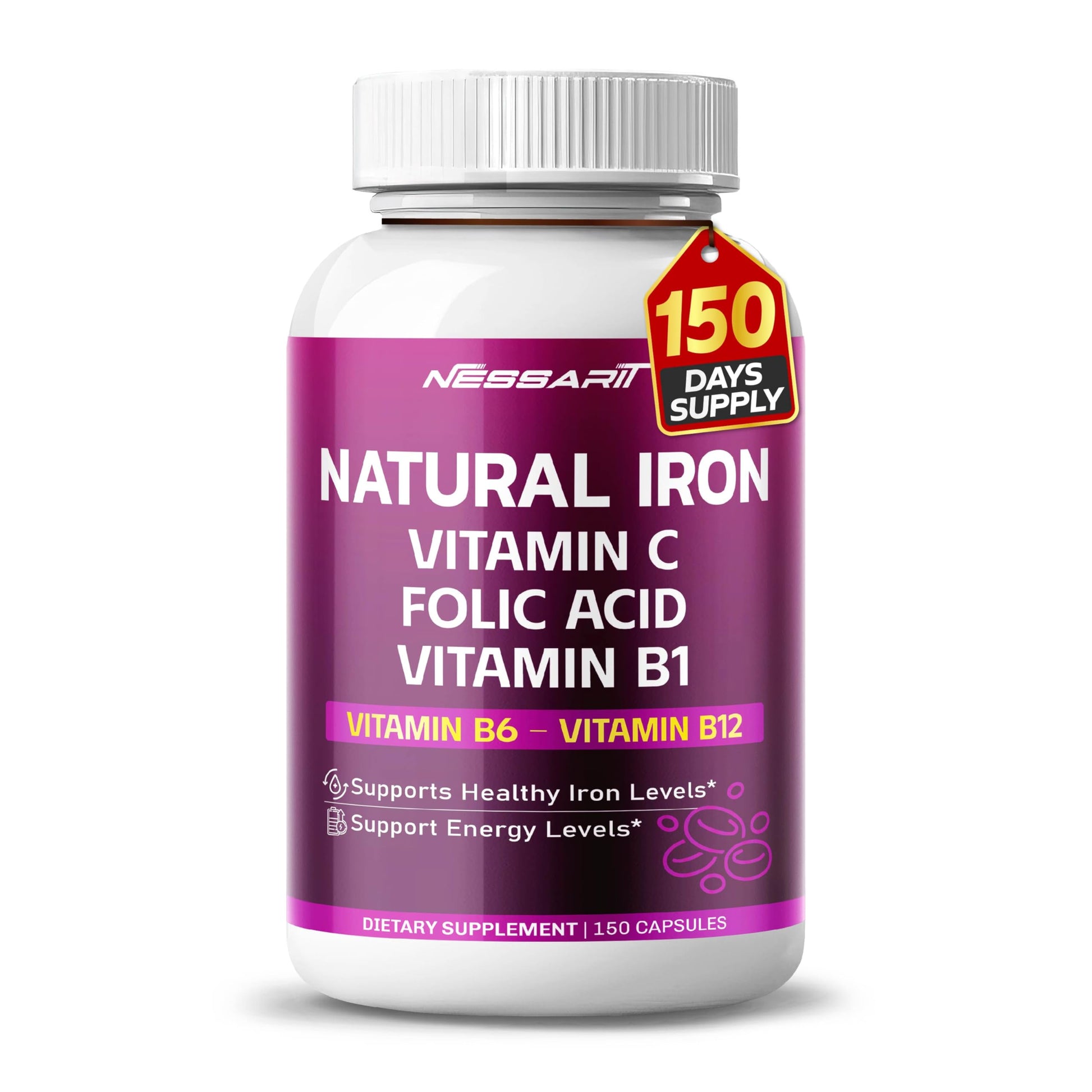 NESSARIT Natural Iron High Potency with Vitamin C, Folic Acid - High-Absorption Formula with Vitamin B1, B6, B12 - Capsule, 150 Count