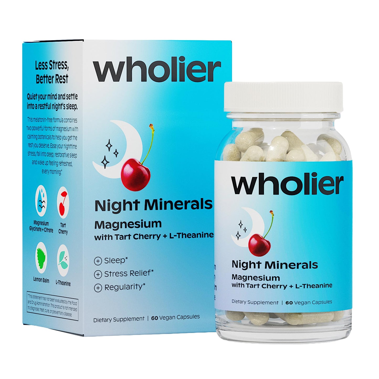 Wholier Night Minerals Magnesium Glycinate + Citrate with L-Theanine, Tart Cherry & Lemon Balm, Melatonin-Free Natural Sleep Support, 60 Capsules