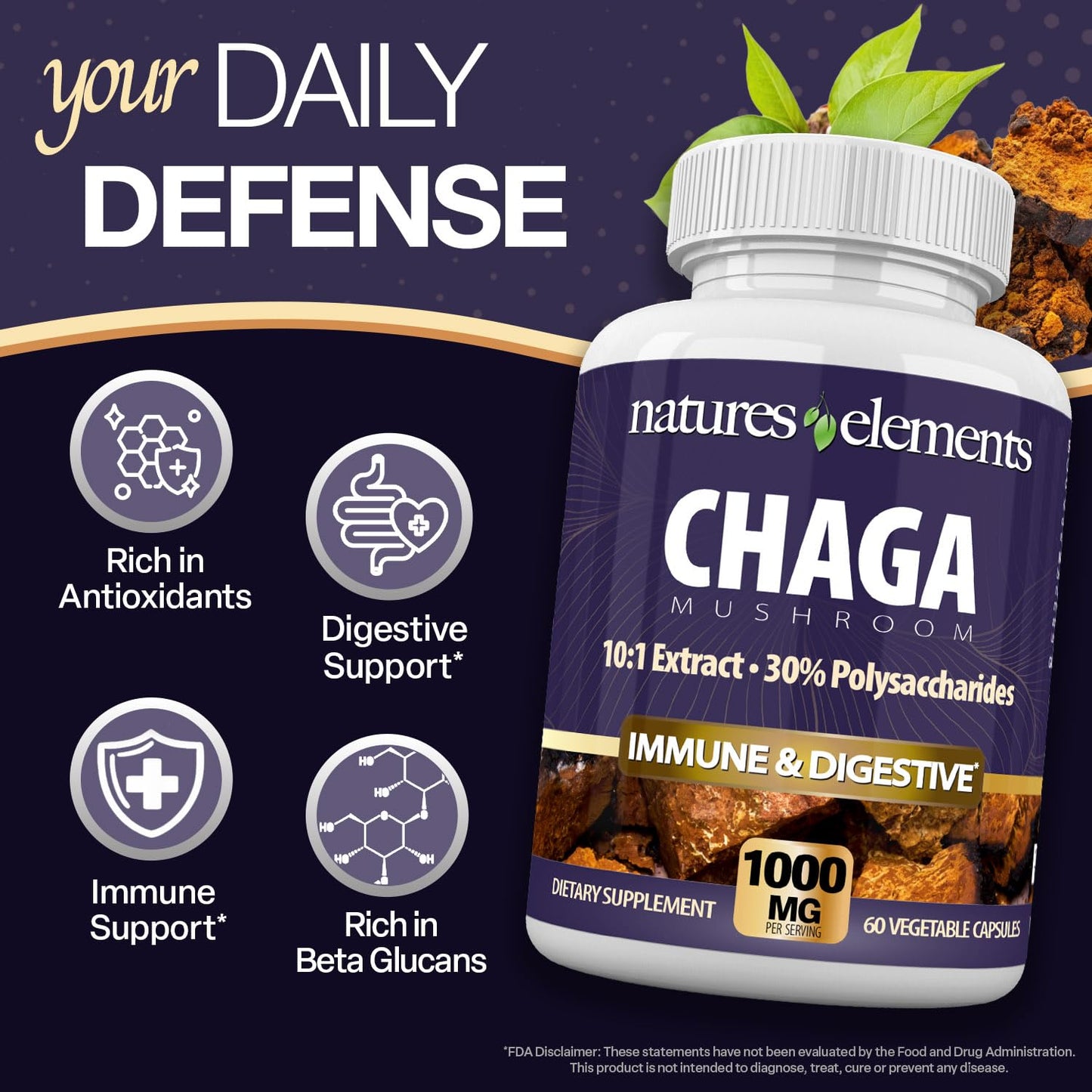Natures Elements Chaga Mushroom – 10:1 Standardized Extract with 30% Polysaccharides – 1,000mg Per Serving – 60 Veggie Capsules – Supports Immune Health, Non-GMO, Gluten-Free