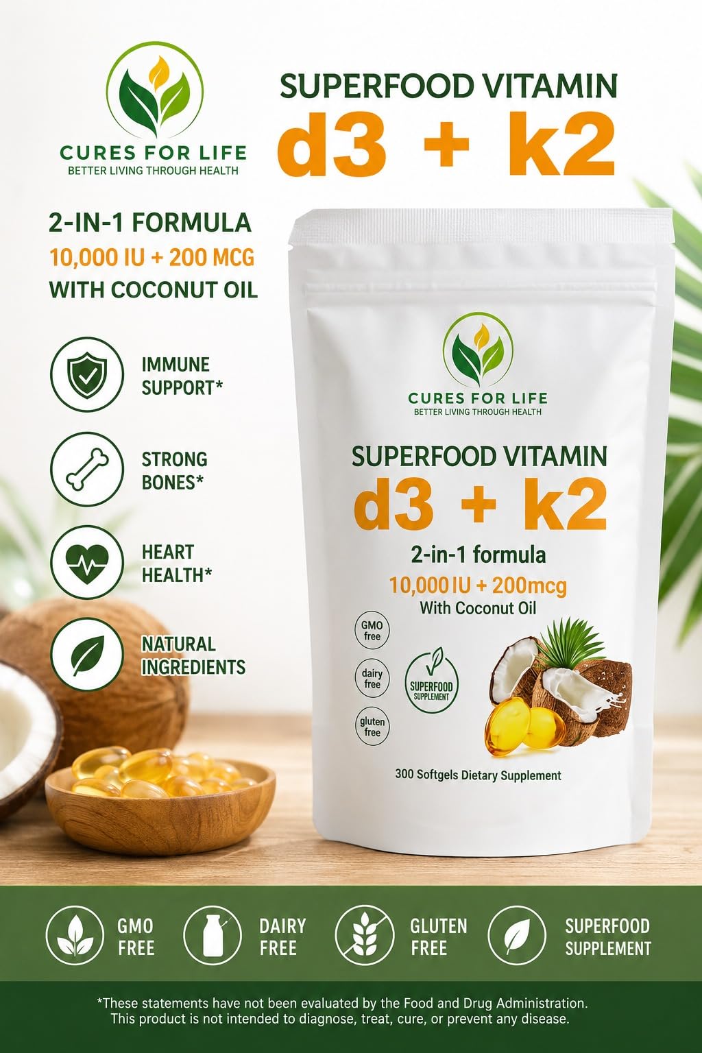 Cures For Life Vitamin D3 5000 IU with K2 MK-7 100 mcg Softgels, 300 Softgels