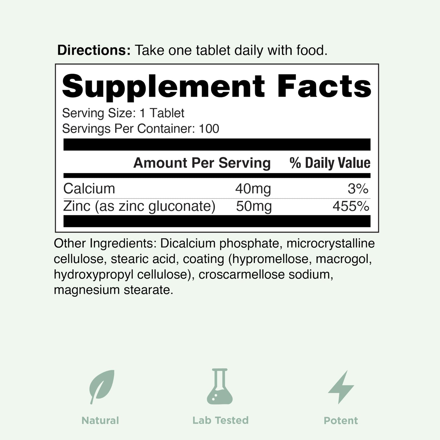 Yuve Vegan Zinc 50 mg Zinc Gluconate Tablets, 100 Count