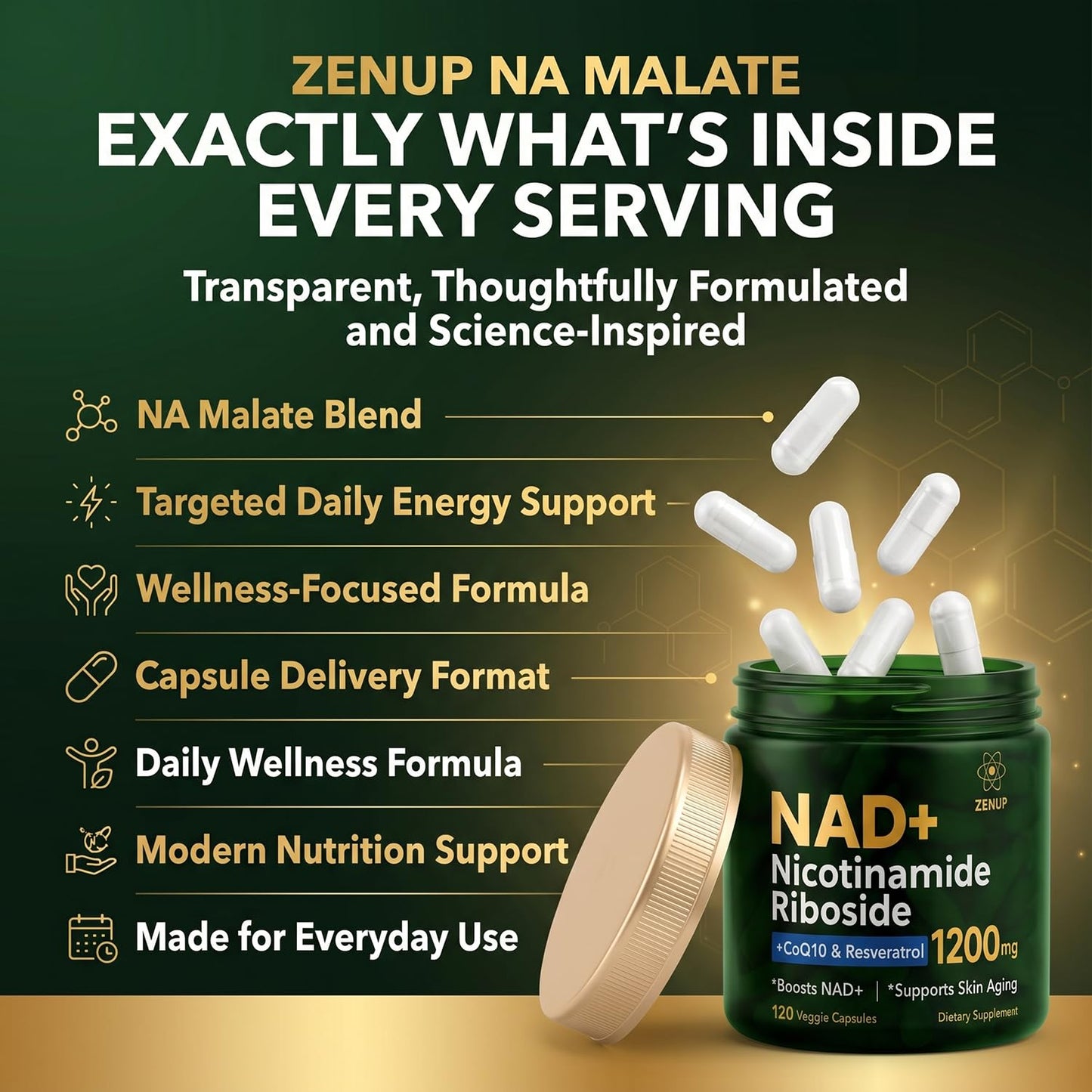 ZenUP NAD+ Nicotinamide Riboside Malate with CoQ10, Trans-Resveratrol & Quercetin Capsules, 120 Capsules