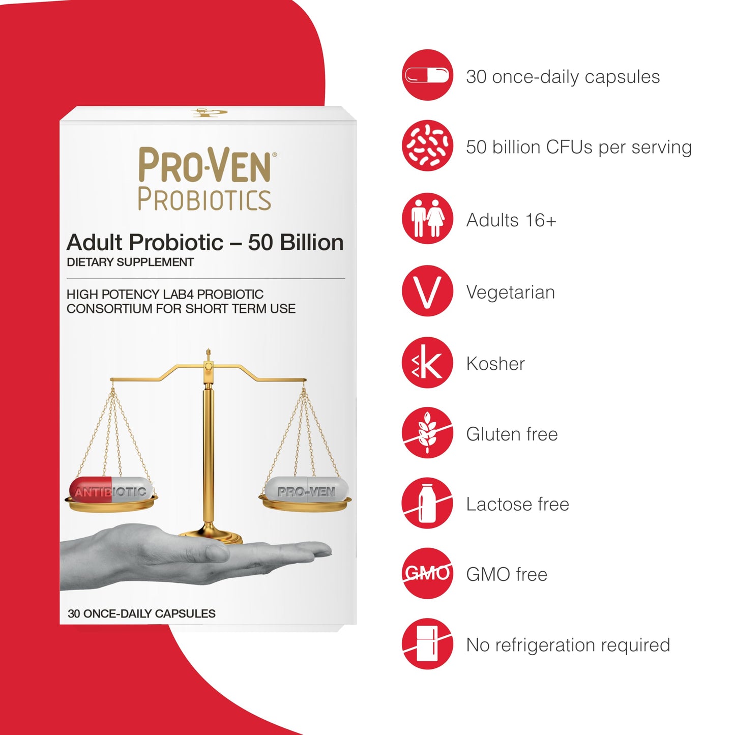 Pro-Ven Daily Probiotics for Women & Men 50 Billion CFU Digestive & Immune Support High Strength Acidophilus Probiotic, 30 Capsules
