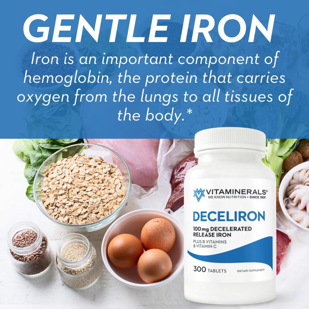 Vitaminerals Deceliron 100mg Iron Tablet, Non-GMO, Vegan, Gluten & Dairy Free, 300 Tablets