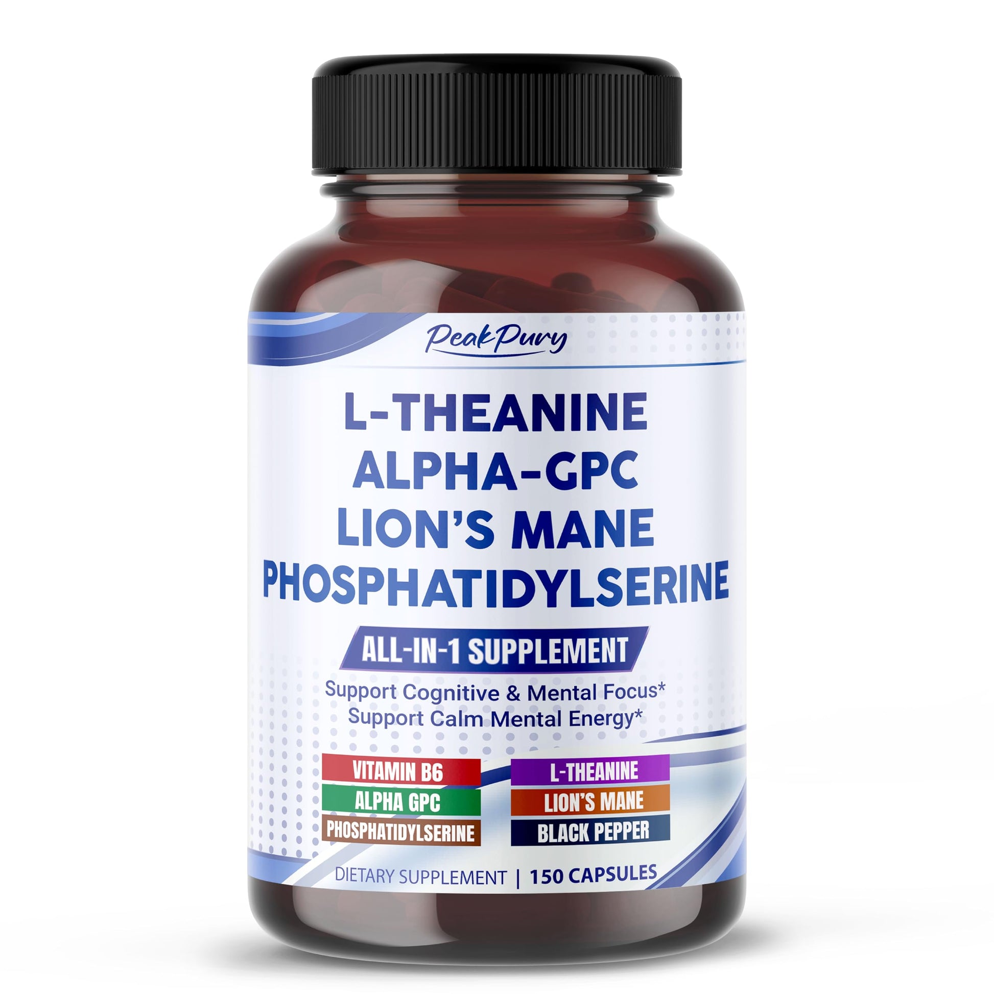 PEAKPURY Premium L-Theanine, Alpha-GPC, Lion’s Mane & Phosphatidylserine – Cognitive & Mental Focus Support Supplement Capsule, 150