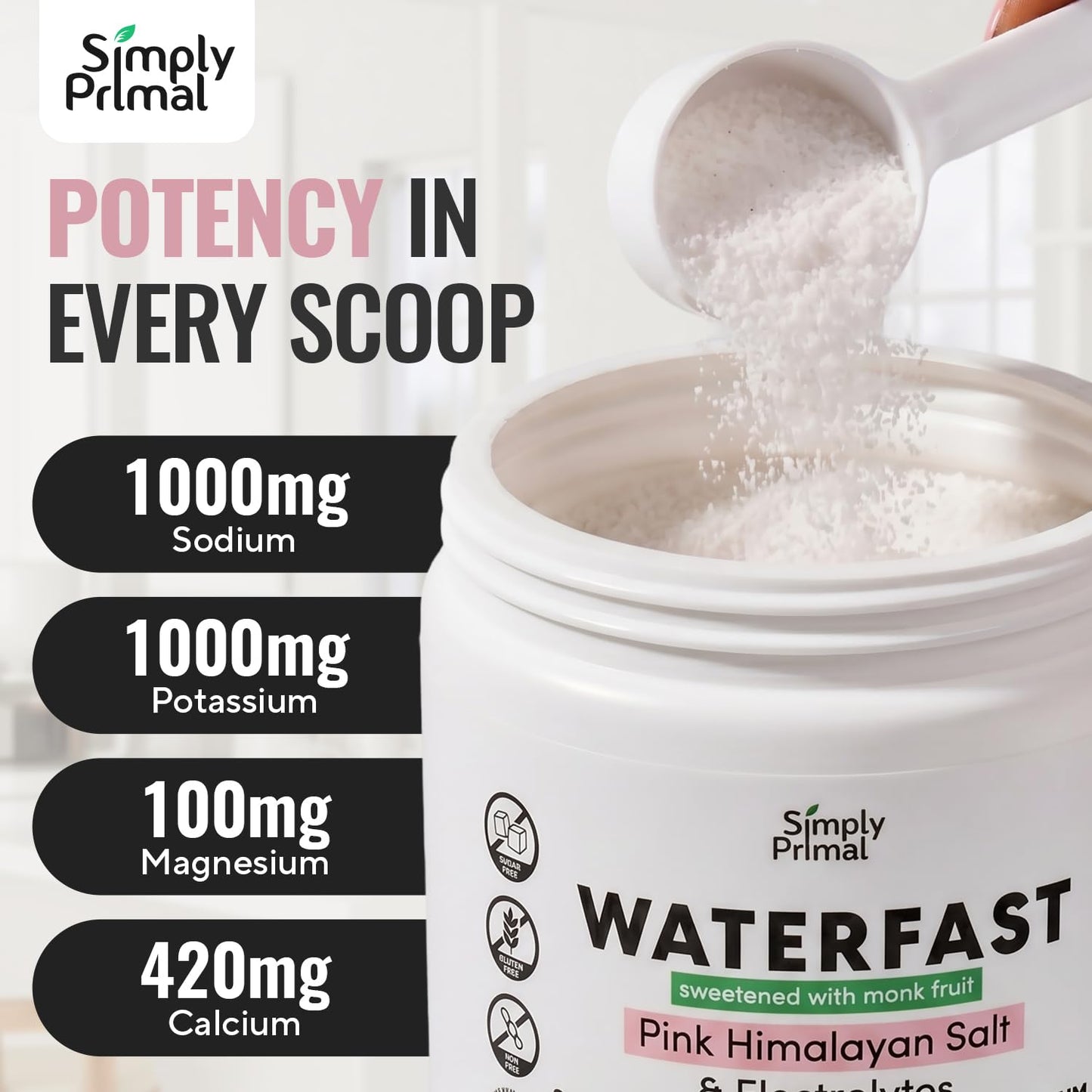 Simply Primal WATERFAST Monk Fruit Keto Electrolyte Powder for Fasting and Hydration - Strawberry Watermelon Flavor, Sugar Free, 12.4 Ounce