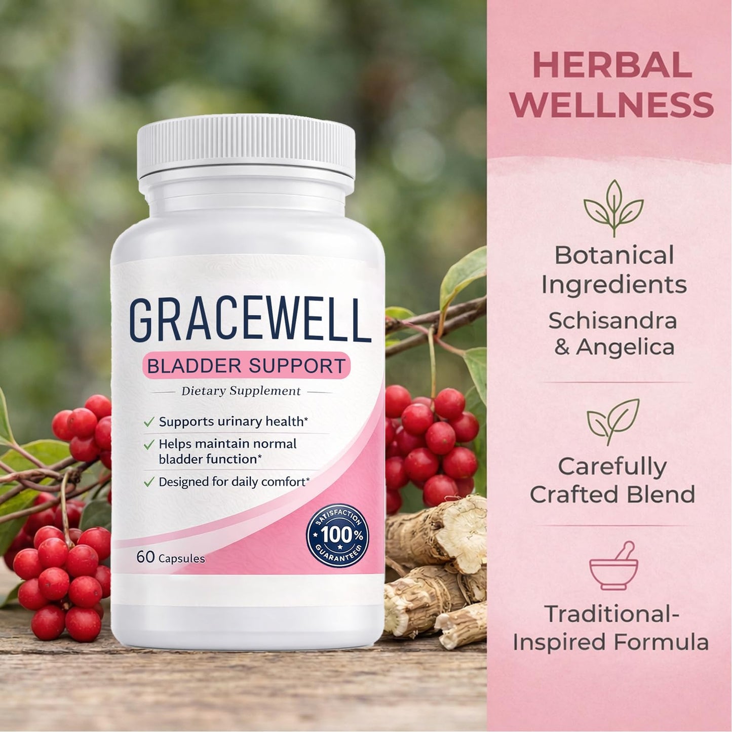 Qiuumey GraceWell Bladder Support, Herbal Blend with Astragalus Root, Goji Berry, Angelica Root & Schisandra, 60 Capsules