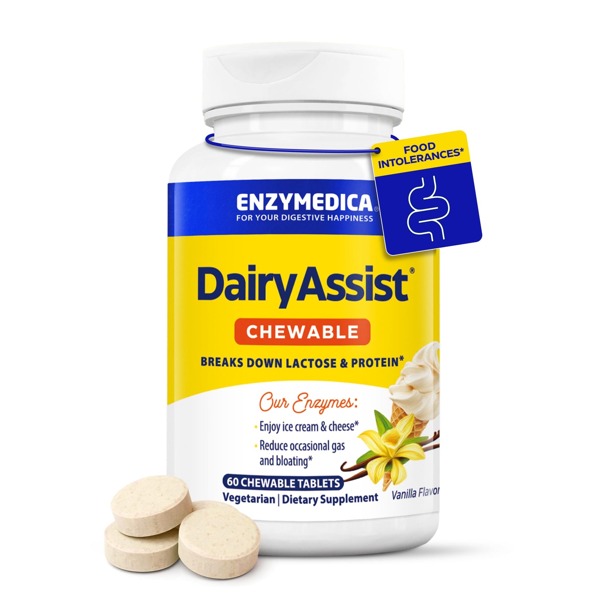 Enzymedica DairyAssist Chewable Enzymes - Lactose Intolerance Support, 60 Tablets