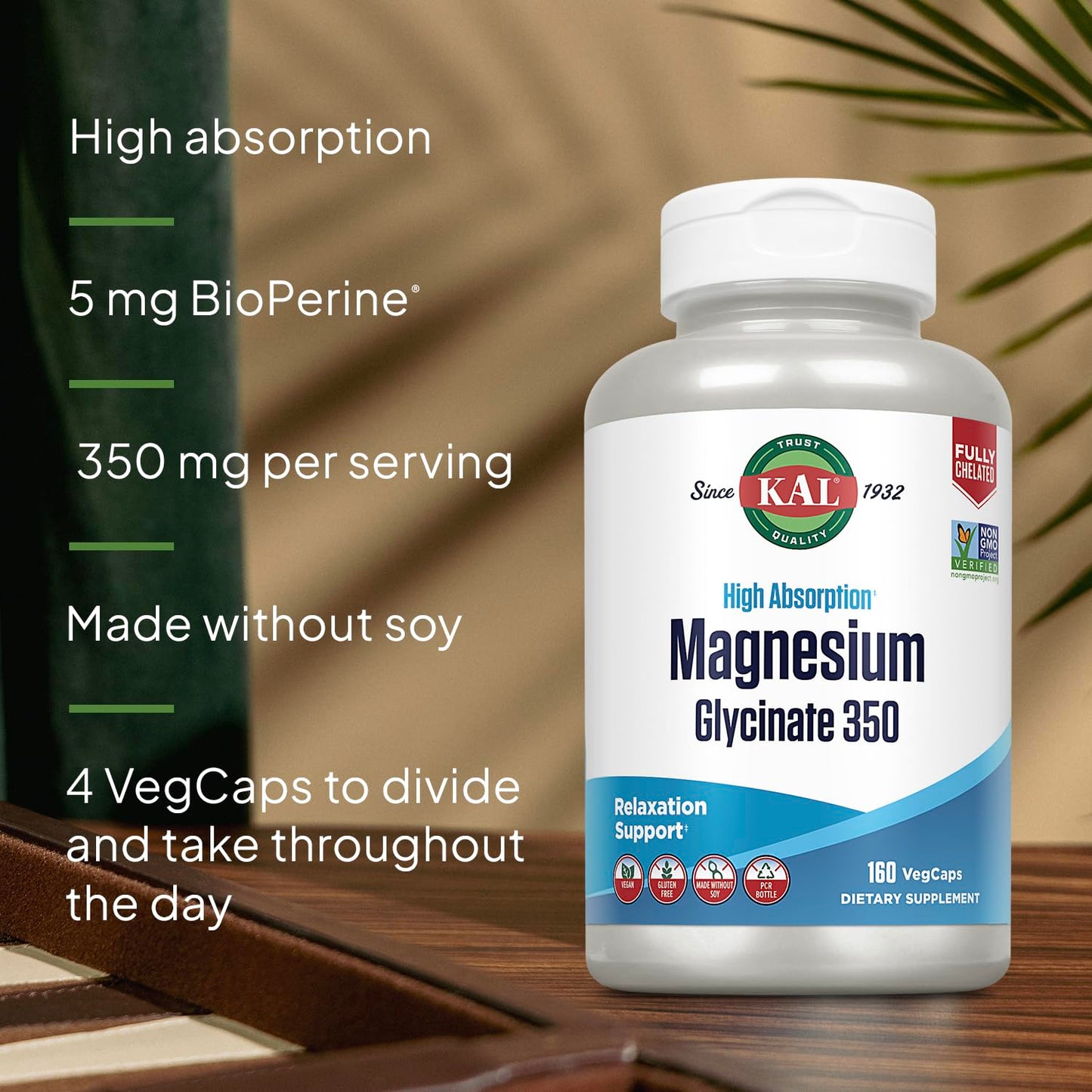 KAL Magnesium Glycinate Capsules, Fully Chelated Magnesium Bisglycinate, High Absorption Magnesium Supplement, Non-GMO, 160 Count