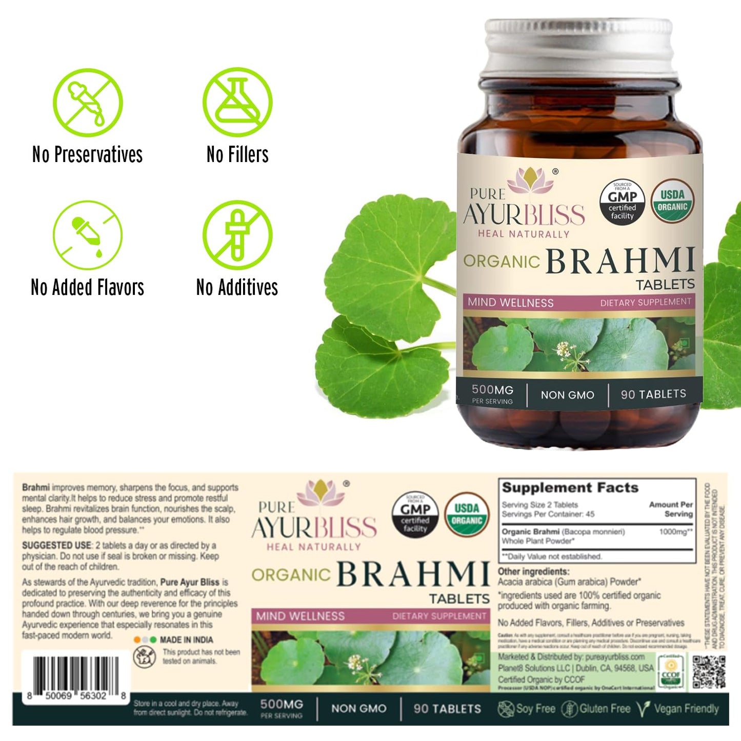 PureAyurbliss 100% Organic Brahmi Tablets with Bacopa monnieri Extract, Ayurvedic Cognitive Support for Memory, Focus, and Mental Clarity, Herbal Brain Health Formula, 90 Tablets