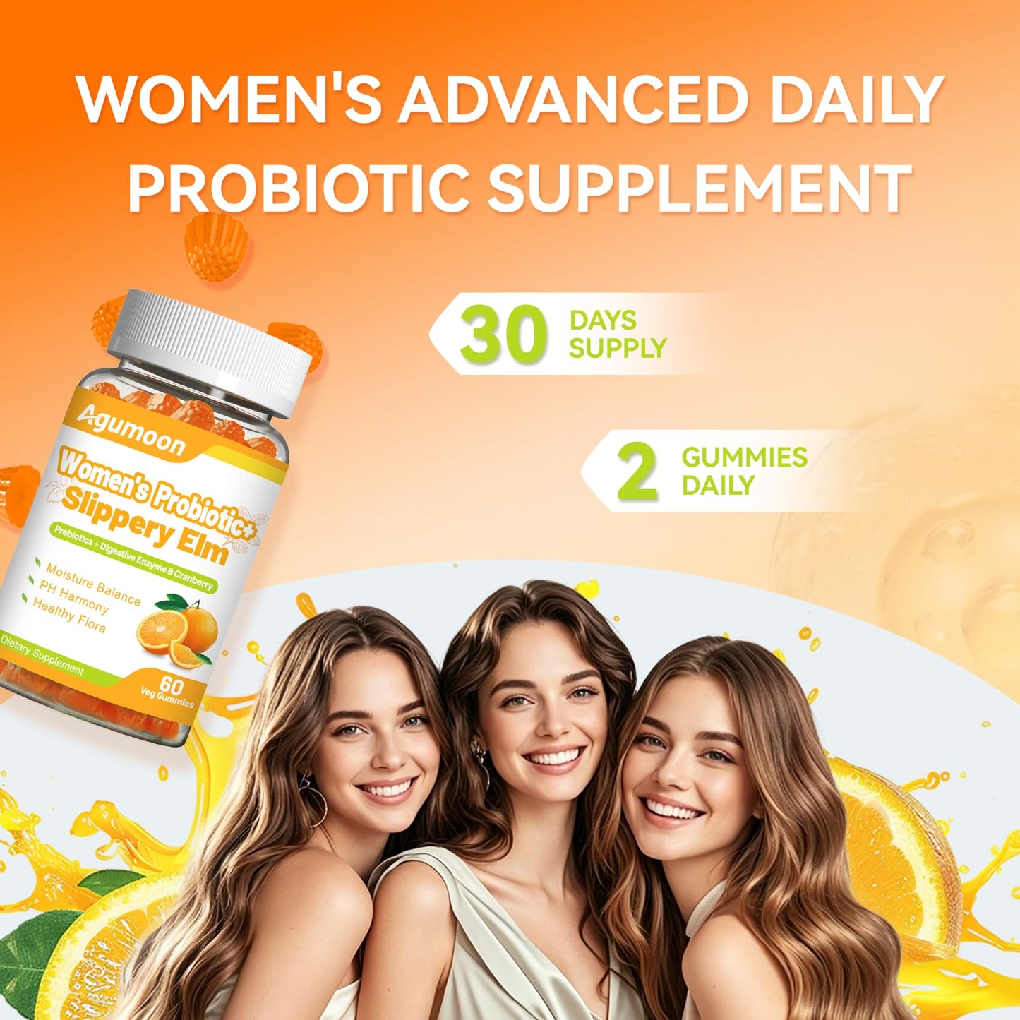 Agumoon Probiotic Gummies with Cranberry, Slippery Elm for Women, 60 Count