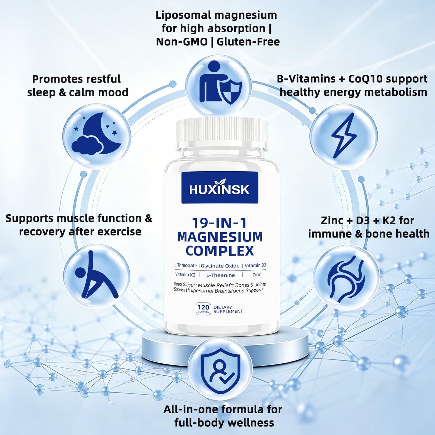 HUXINSK 19-in-1 Magnesium Complex 1000 mg – L-Threonate, Glycinate, Malate with Ashwagandha, L-Theanine, D3+K2, CoQ10, Zinc, Vitamin C, B6 & B12 – High Absorption Capsule 120 Count