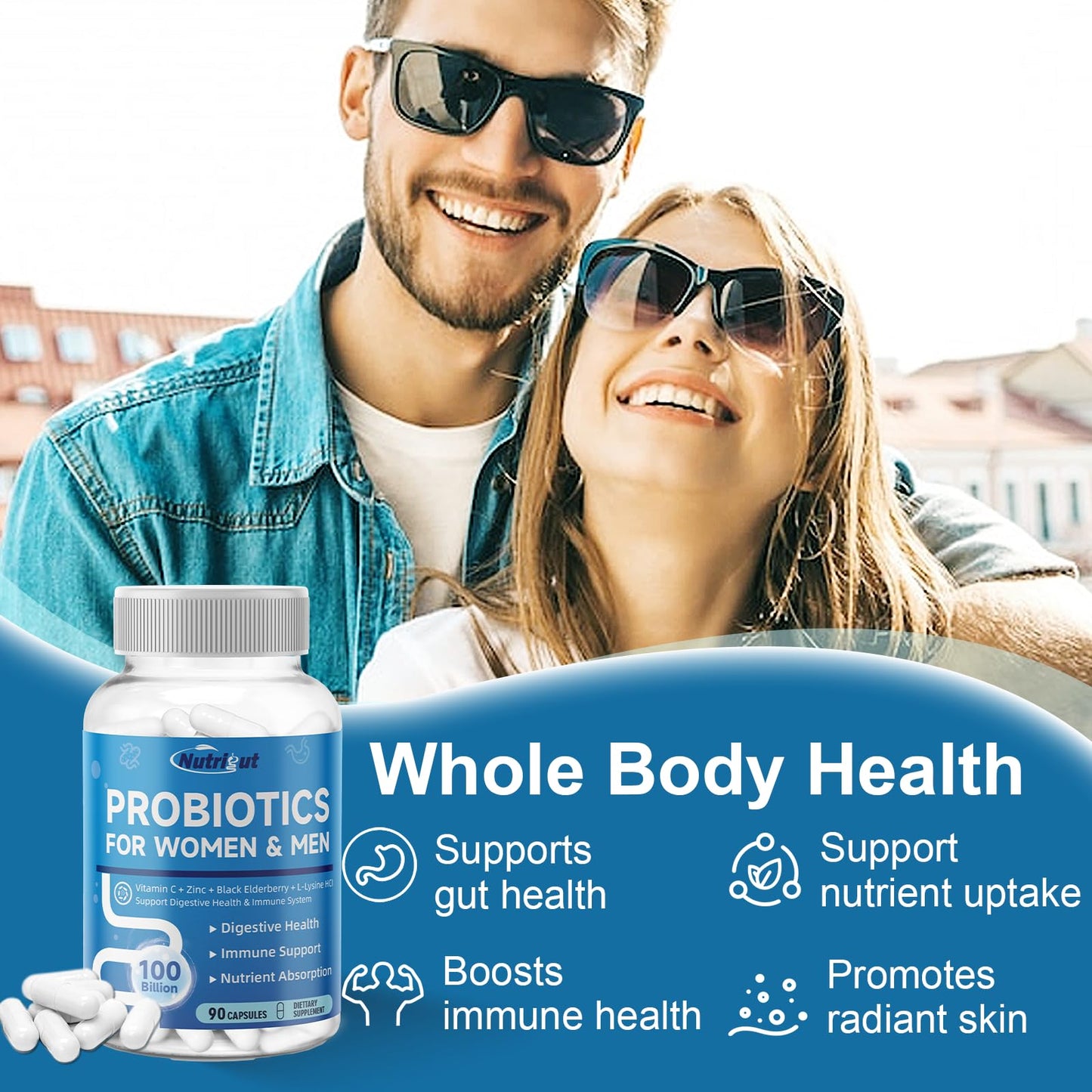 NutriGut Probiotics for Women and Men Digestive Health with 100 Billion CFUs, Gut Health & Immune Support with Prebiotics and Multivitamin, Capsule, 90 Count