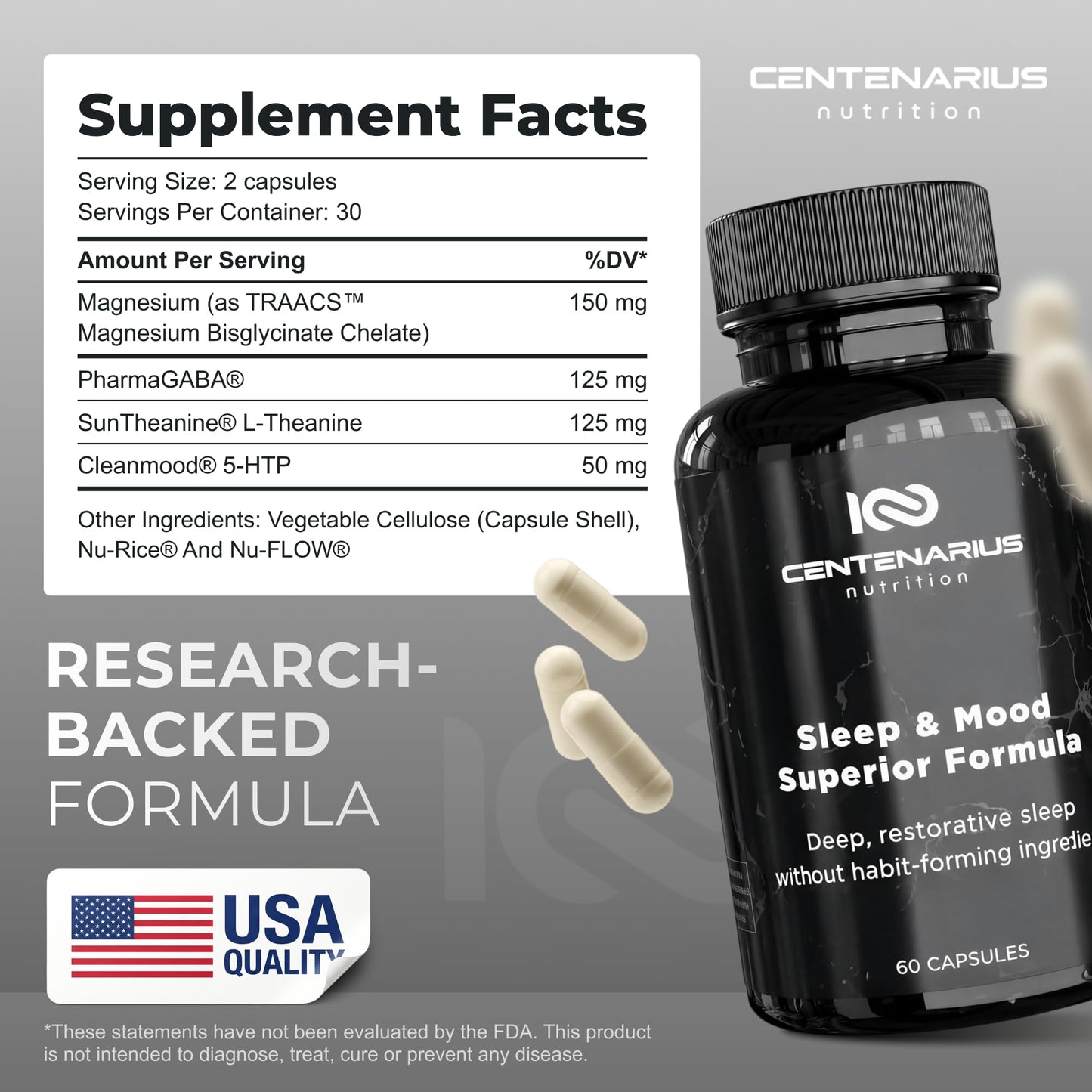 Centenarius Nutrition Sleep and Mood Formula with L-Theanine, 5-HTP, PharmaGABA Capsules, 60 Count