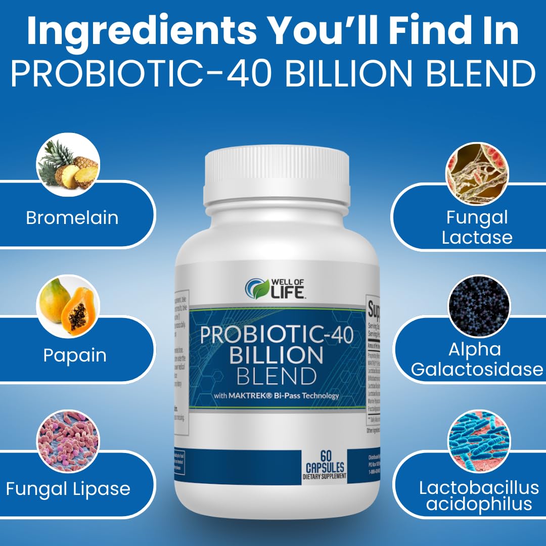 Well of Life Probiotic 40 Billion CFU Probiotics for Gut Health & Digestive Support Metabolism Supplement with Digestive Enzyme Blend Vegan Non-GMO Capsule, 60 Count