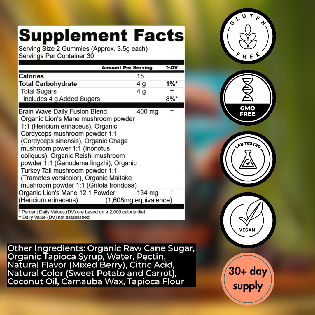 BRAIN WAVE Superfood Mushroom Gummies, 60 Count