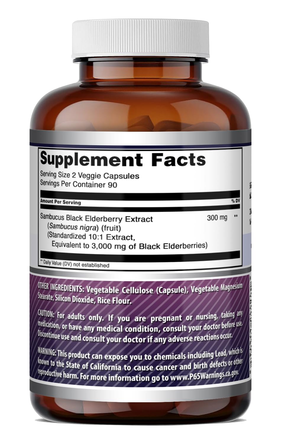 Amazing Nutrition Sambucus Black Elderberry 300 Mg Standardized 10:1 Extract 180 Veggie Capsules
